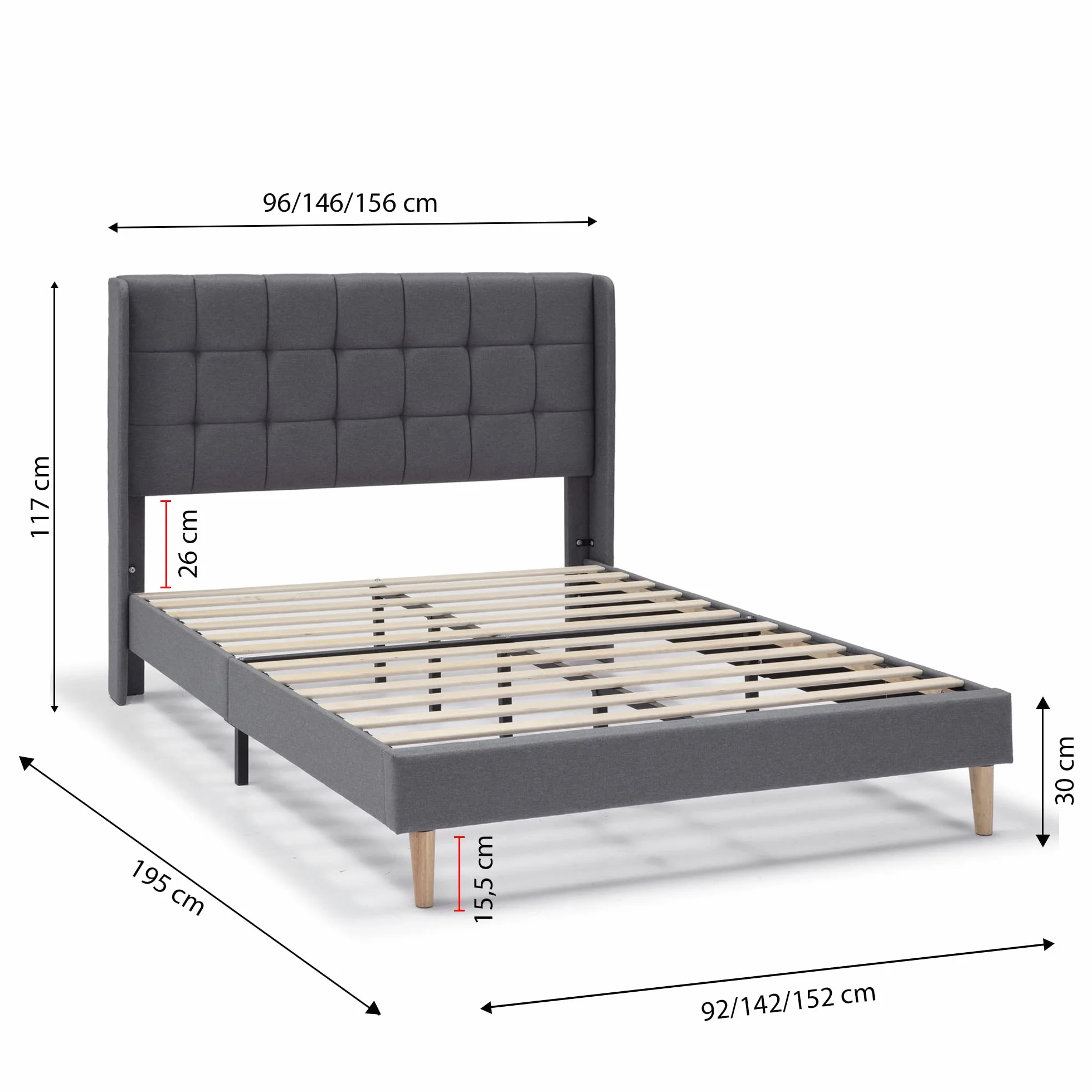HOMN LIVING Estructura de Cama tapizada Esther de 30 cm, Base para colchón, Somier de láminas de Madera, Montaje Sencillo, 150x190 cm, Gris Oscuro