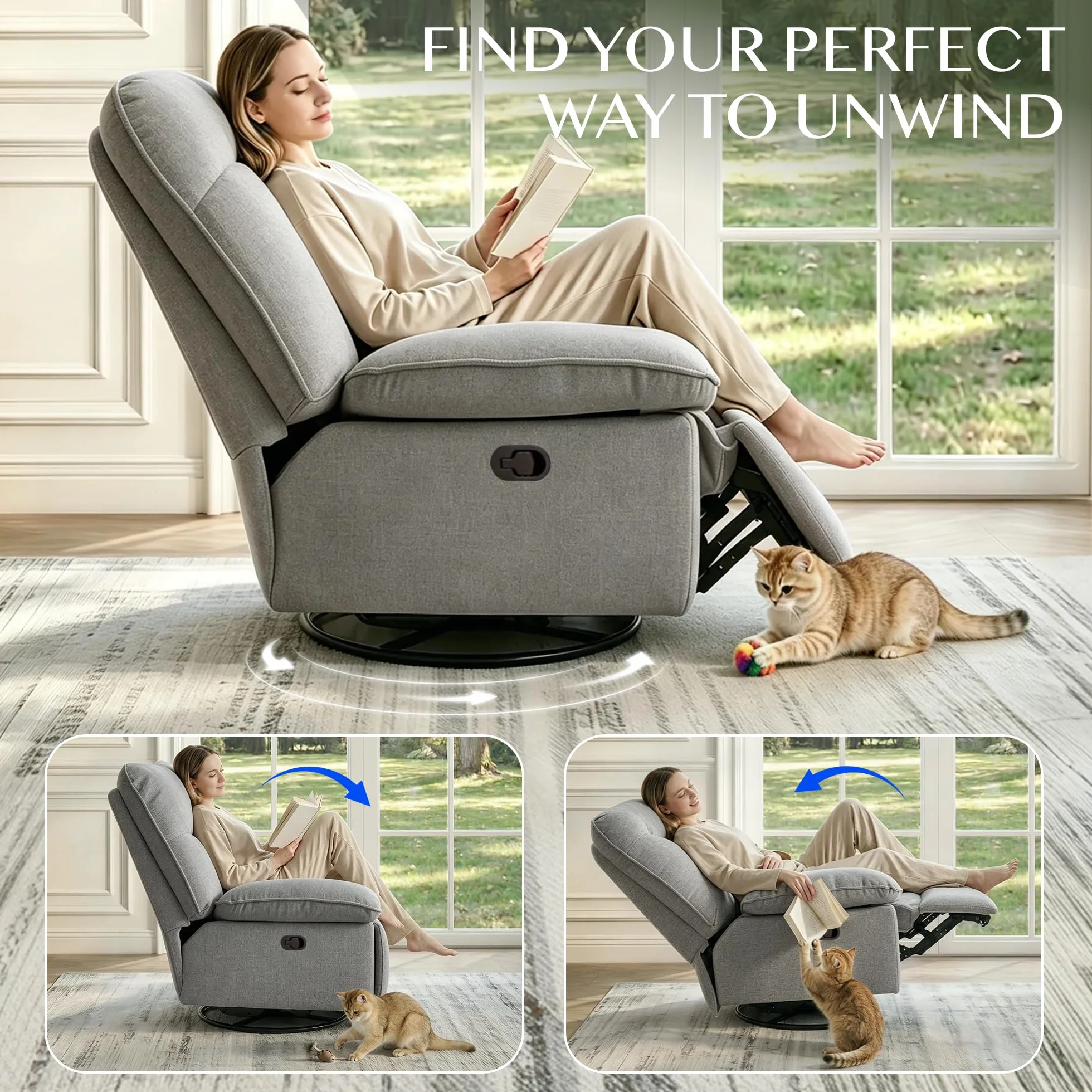 FLEXISPOT XC6 Sillón Relax, Sófa Giratorio con Función Balancín, Sillon TV con Respaldo Ajustable, Silla Reclinable para Dormitorio, Salón y Cine en Casa (Gris Claro)