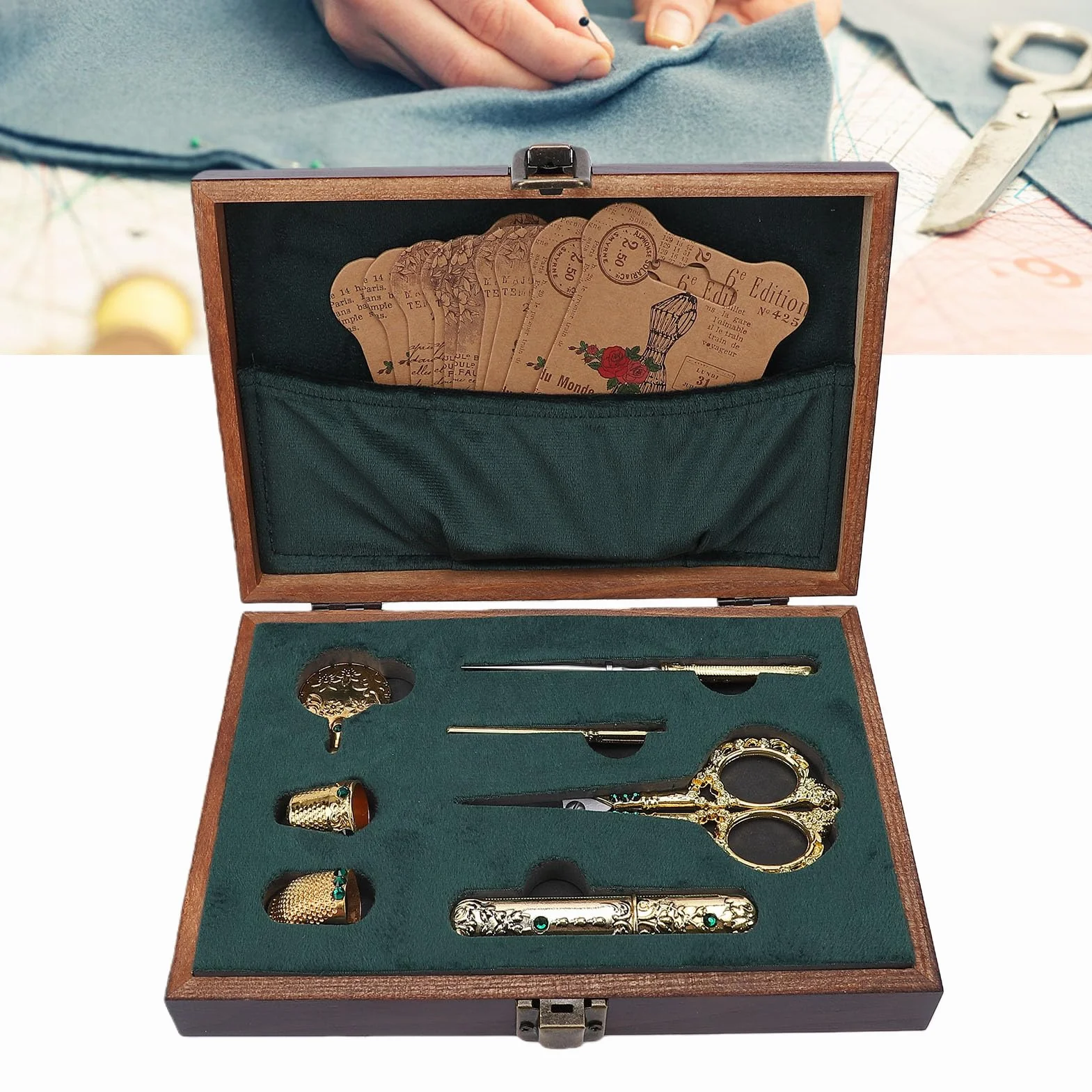 Generic Kit de Tijeras de Bordado Vintage, Herramientas de Costura Antiguas para Manualidades y Coleccionismo, Elegante Caja de Madera