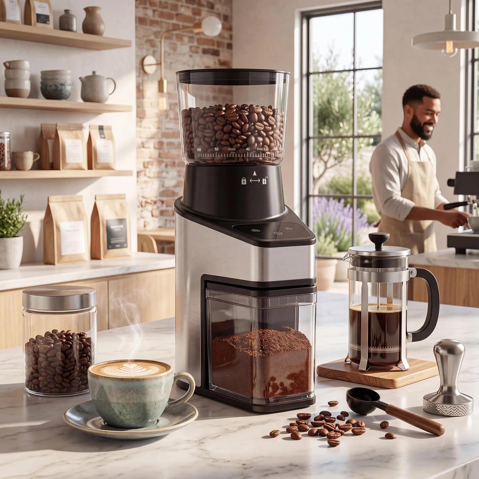 LIFEZEAL Molinillo de café eléctrico con cono, 60 niveles, 1-8 tazas, molinillo eléctrico de 150 W con tolva de 250 g, antiestático, silencioso, para expreso, goteo y prensa francesa, para casa y
