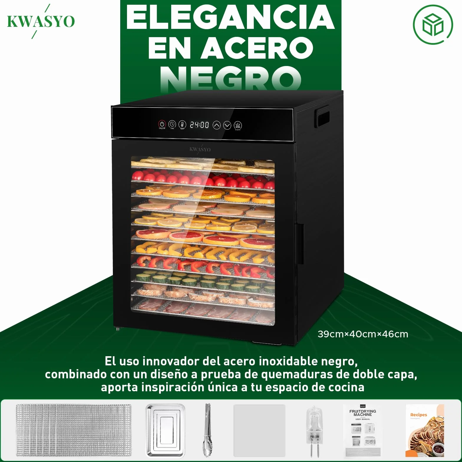 Kwasyo Deshidratador de Alimentos de 12 Bandejas de Acero Inoxidable, Todo en Negro, Estructura de Doble Capa, Gran Capacidad, Deshidratador para Frutas, Pescado, Verduras, Carne, Jerky, Hierbas