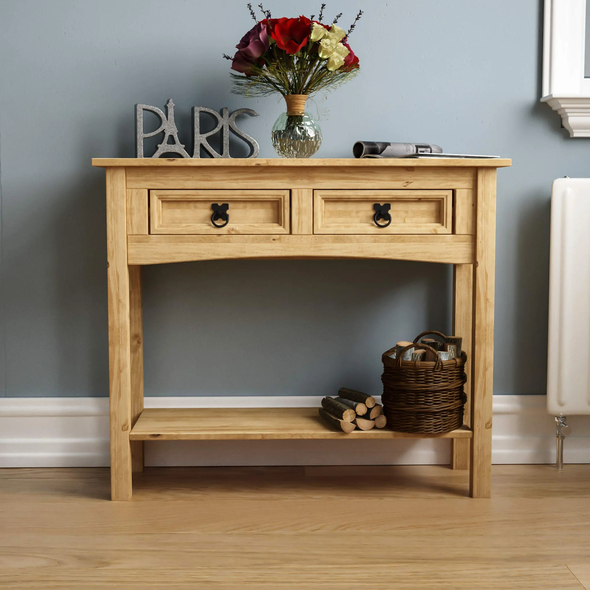 Amazon Basics Mesa consola, 2 cajones con estante, rectangular, madera de pino maciza encerada, tradicional, rústica, 79 x 211 x 178 cm