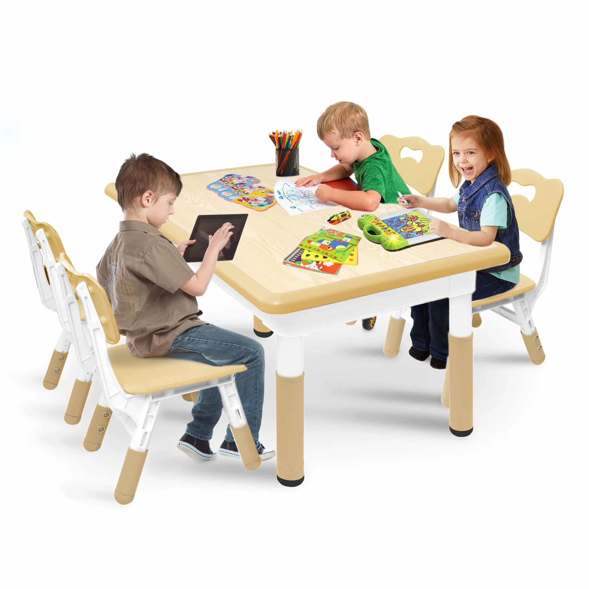 UISEBRT - Mesa infantil con 4 sillas, juego de asientos ajustables en altura, para niños a partir de 2 años, mantel de plástico, muebles para jardín de infantes y dormitorio infantil (color madera