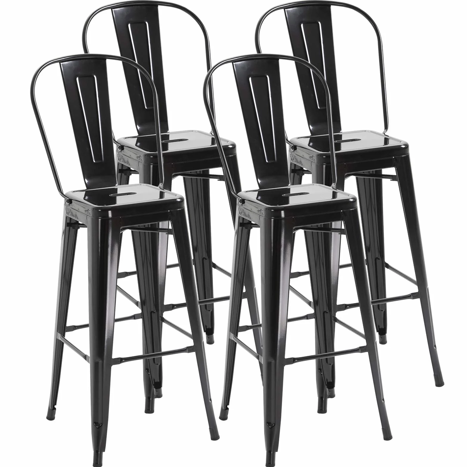 HOMCOM Juego de 4 Taburetes de Bar con Respaldo Alto 44x46x116 cm Negro | Silla de Comedor de Metal, con Reposapiés, para Comedor, Carga 120 kg