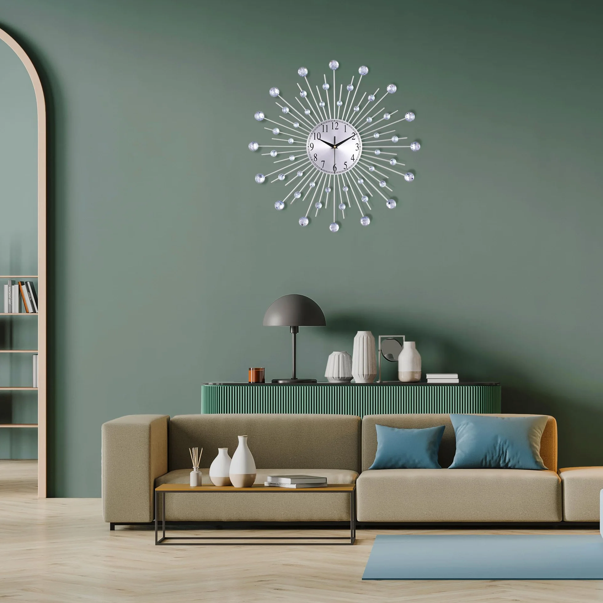 Lafocuse 56cm Reloj de Pared Estrellas de Strass Grande Salon Moderno Plateado, Silencioso Metal Decorativo Reloj Cuarzo 3D Sunburst Mid Century Creativo para Cocina Dormitorio Comedor Oficina