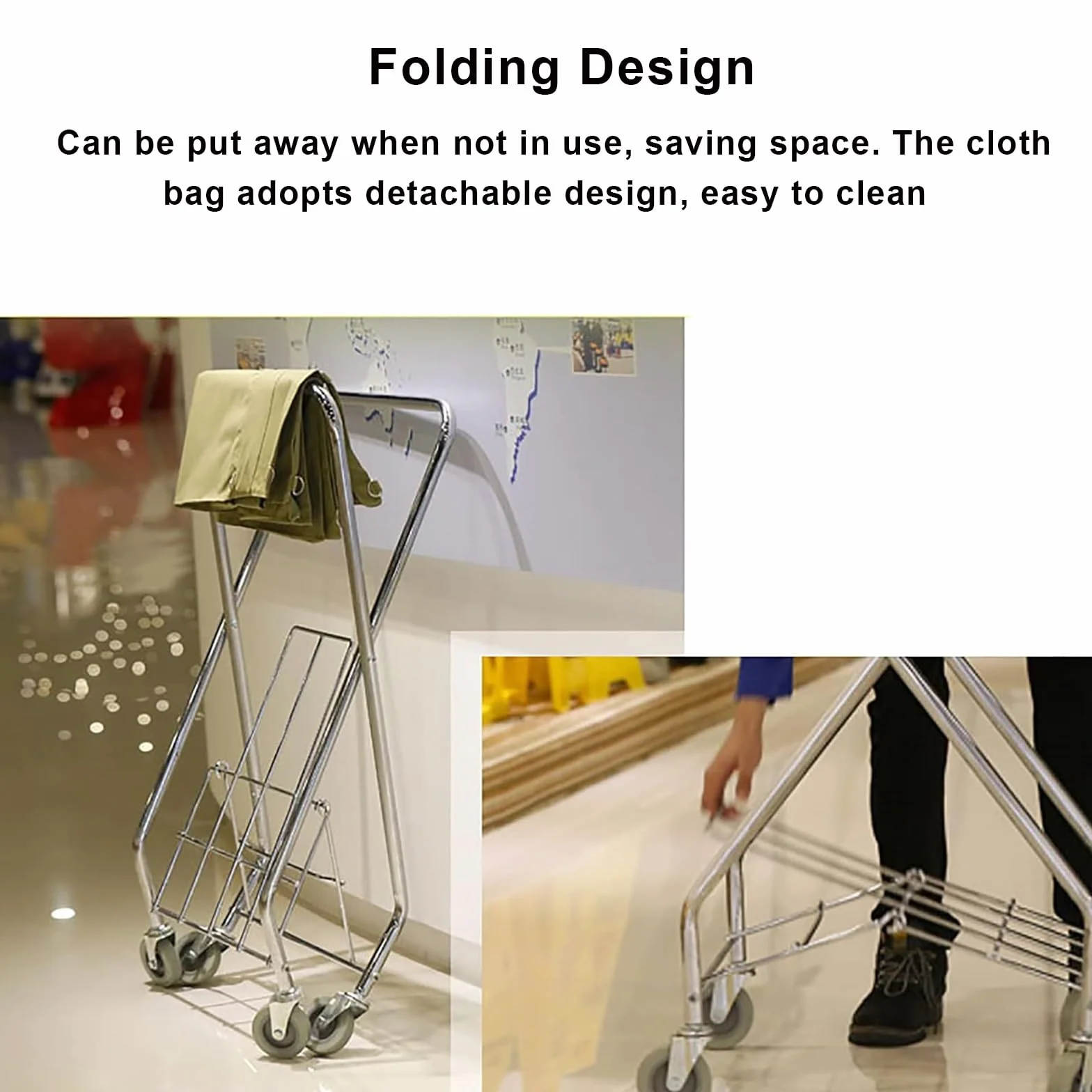 FQMYLTYN Carrito de Lavandería Plegable con Ruedas, Cesta de Lavandería Comercial Resistente y Plegable con Bolsa de Lona Desmontable para Hoteles, Hospitales y Hogares, 60x60x89cm(Blue)