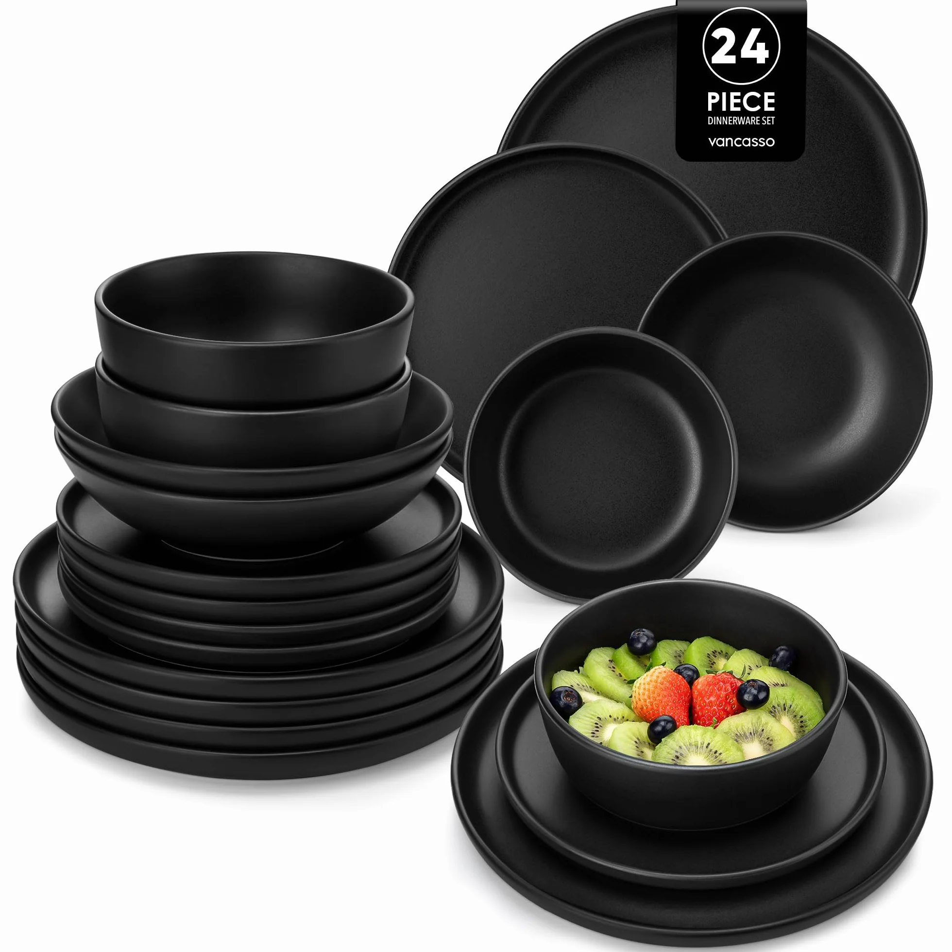vancasso PLAYA Vajillas Completas 6 Personas, Platos Vajilla 24 Piezas de Gres - 6 Platos Llanos, de Postre, de Hondos y Cuencos, Apto para Lavavajillas - Esmaltado Reactivo Negro