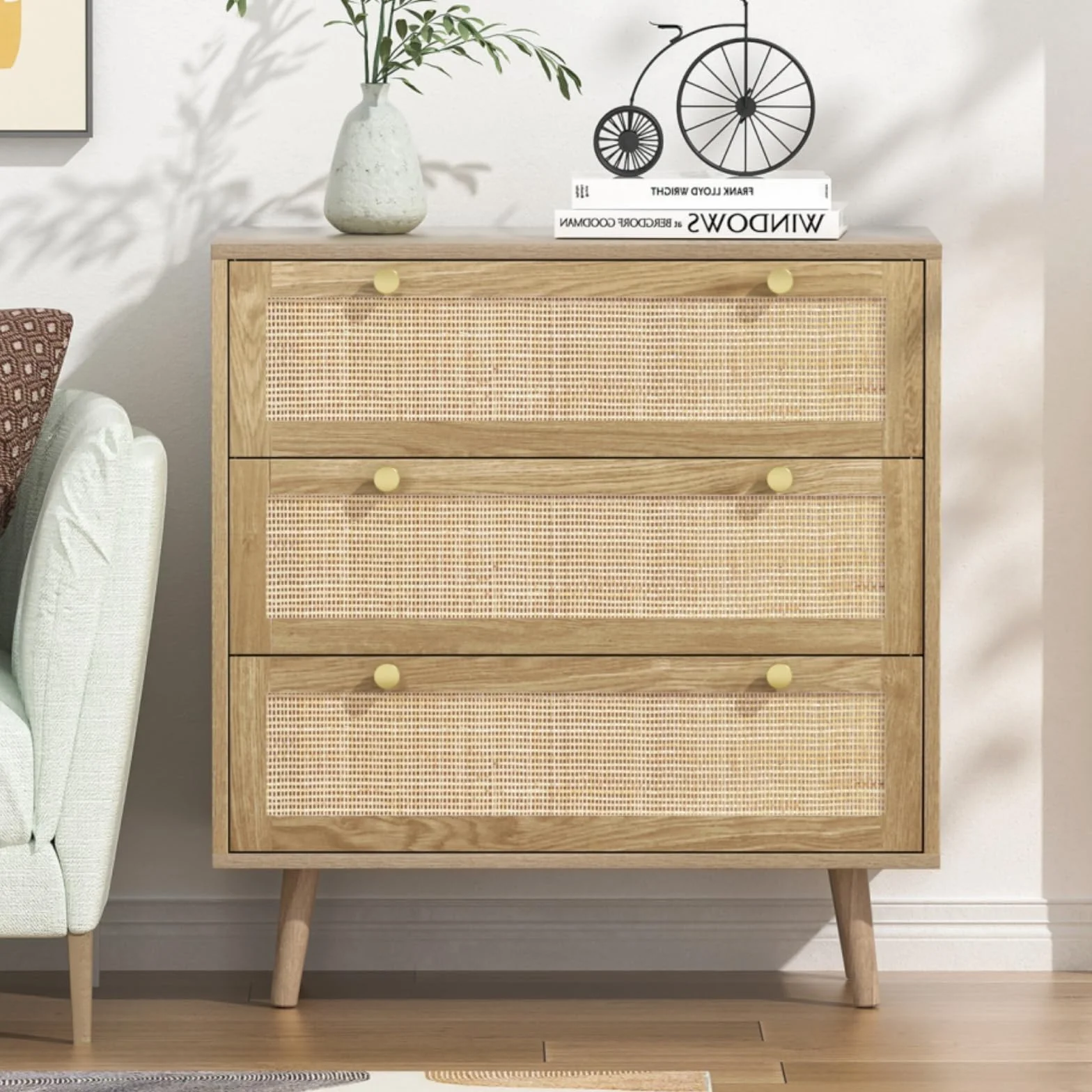 Cómoda con 3 Cajones Cómoda Dormitorio Estrecha con Frontales de Ratán y Patas Elevadas Cajonera para Salón Oficina 80x40x92cm Natural