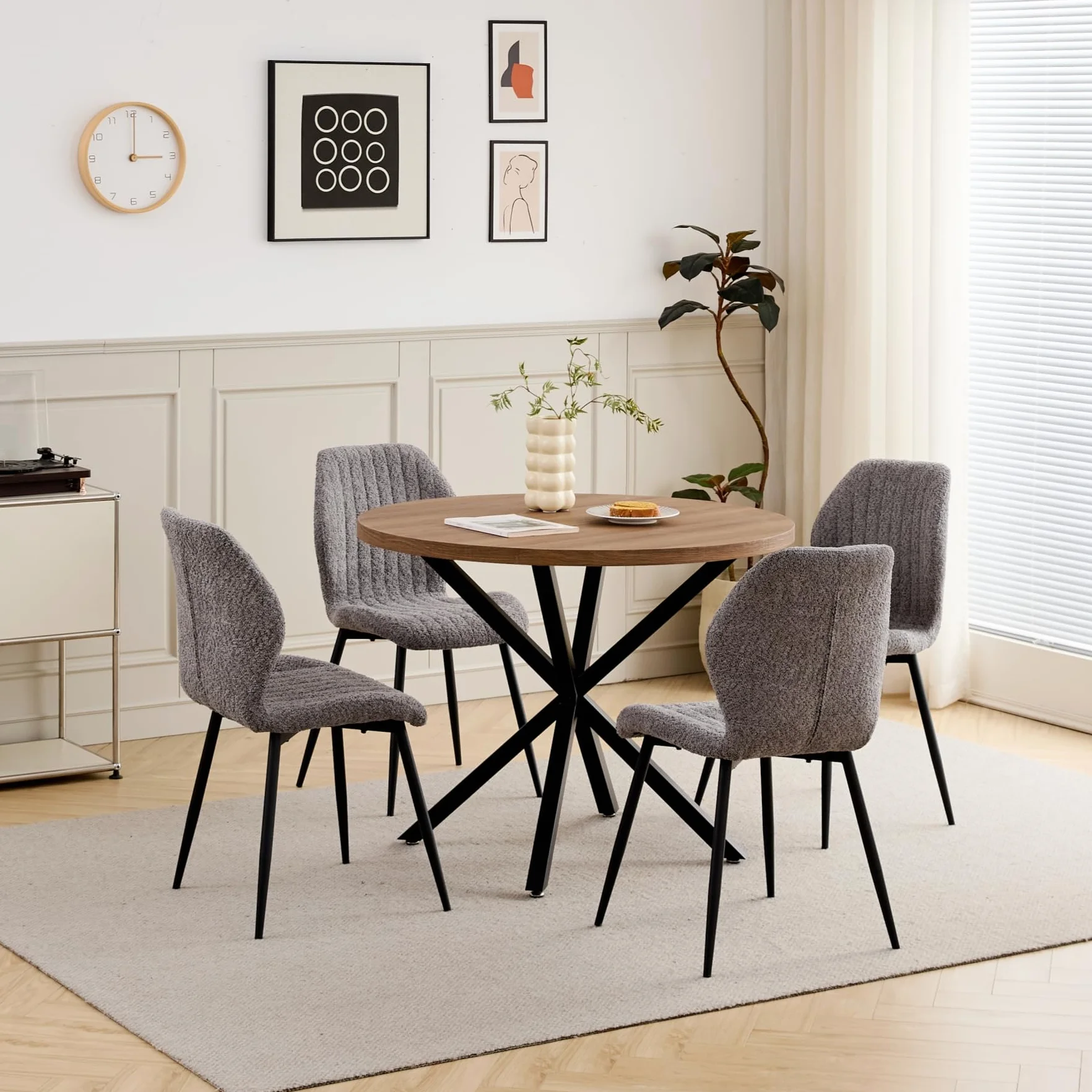 GrandCA HOME Juego de Mesa y Sillas de Comedor, Mesa de Comedor Redonda de 100 CM y 4 Sillas Modernas de Lino, para Comedor, Cocina, Sala de Estar (Oscuro + Gris)