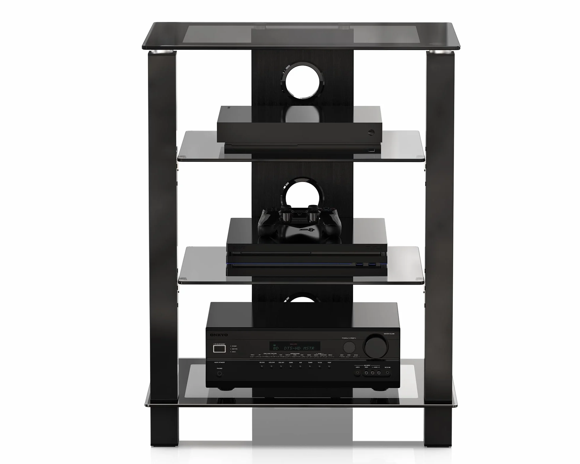 FITUEYES Mueble HiFi Negro con 4 Estantes de Cristal Templado,Mueble HiFi Mesa con 3 Columnas y Gestión de Cable,57 * 42 * 73.9cm