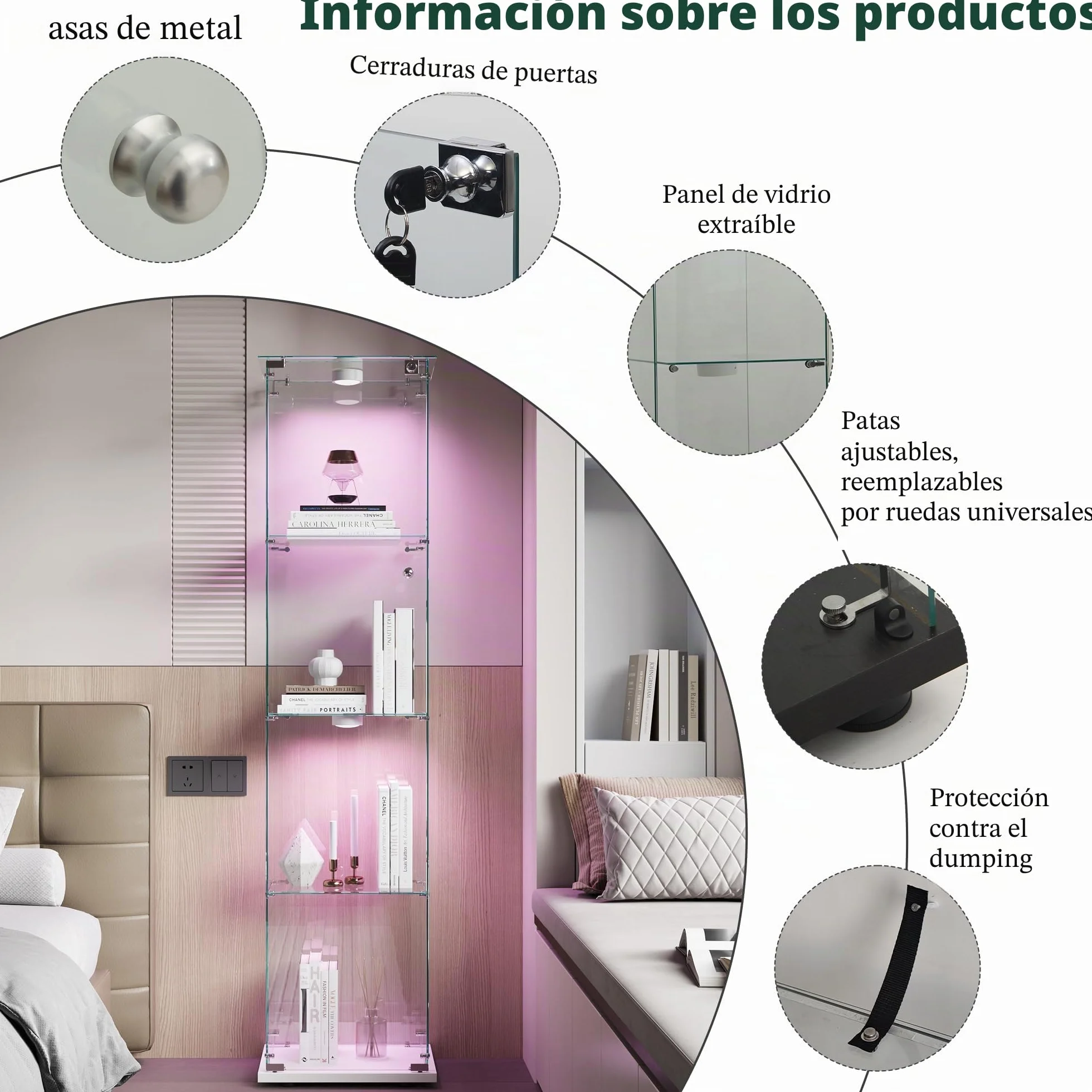 Vitrina de Cristal de 163 x 40 x 35 cm con 4 estantes 1 Puertas, Vitrina de pie con LED, Armario de colección Moderno para salón, Dormitorio, Oficina, Blanco y Puerta Individual + Luces de Pat