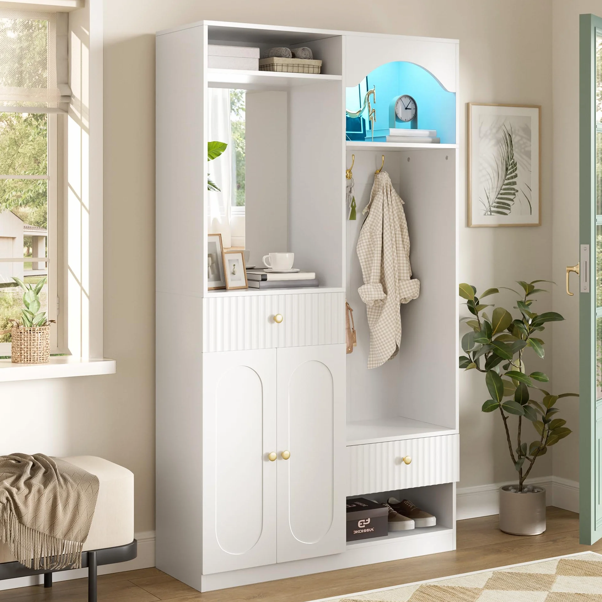 Perchero compacto con espejo, banco y zapatero, con gancho, juego de muebles de pasillo, color blanco