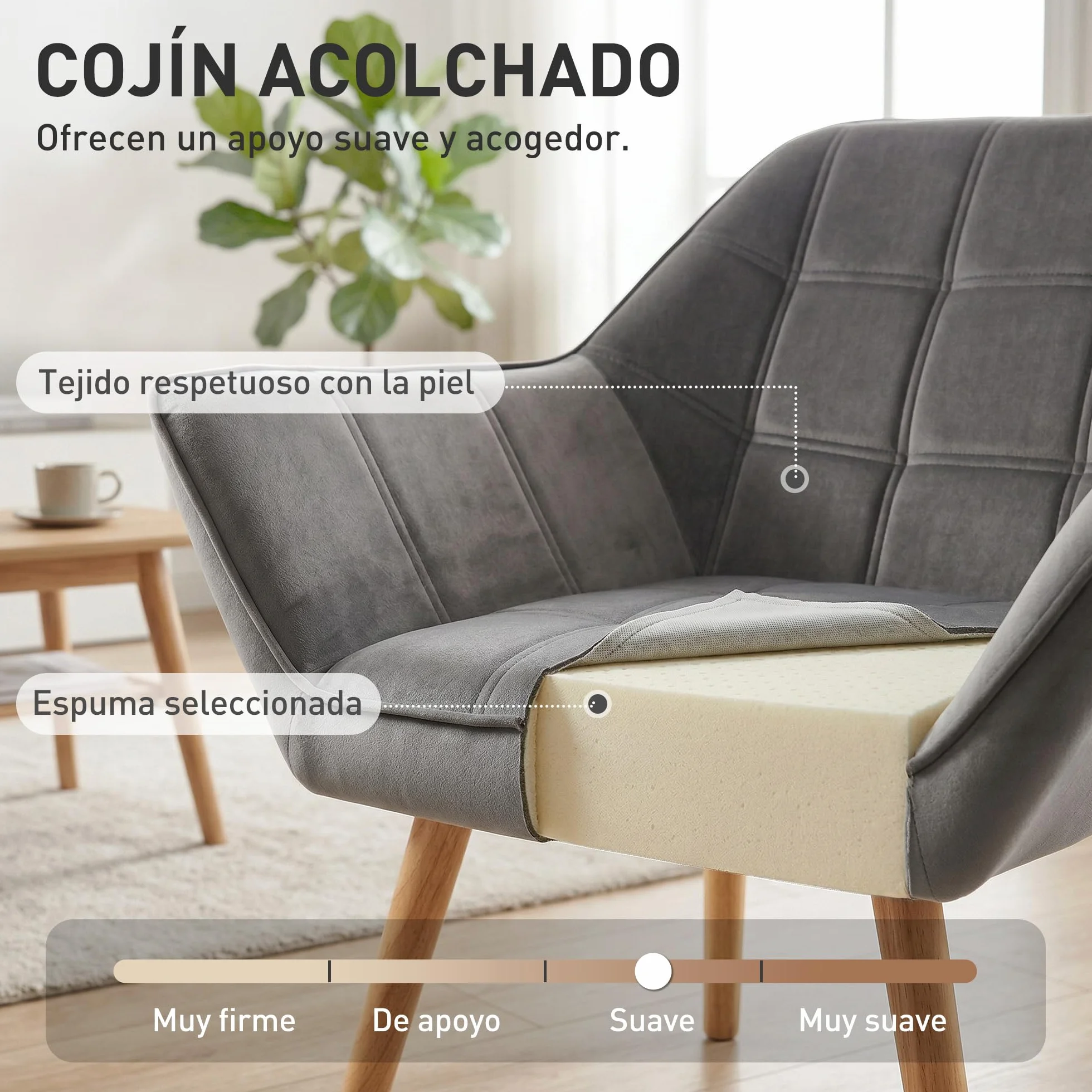 HOMCOM Butaca de Salón Moderna, Sillón Lectura Tapizado en Terciopelo con Patas de Madera, Fácil Montaje, Sillón Relax para Sala de Estar, Dormitorio y Balcón, Gris