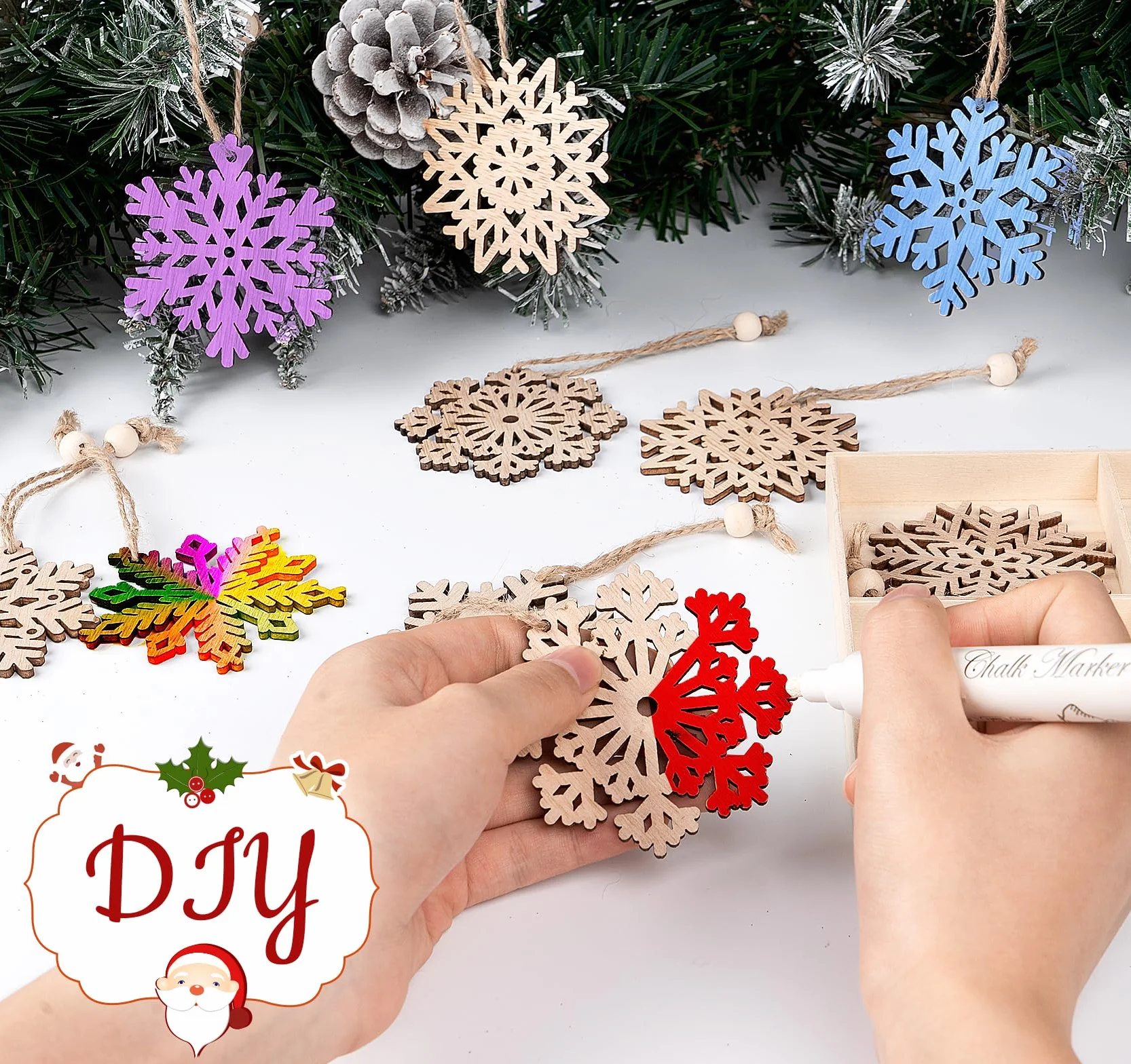 Adornos de Madera Navidad Copos de Nieve 18pcs Colgante Decoración Rústica