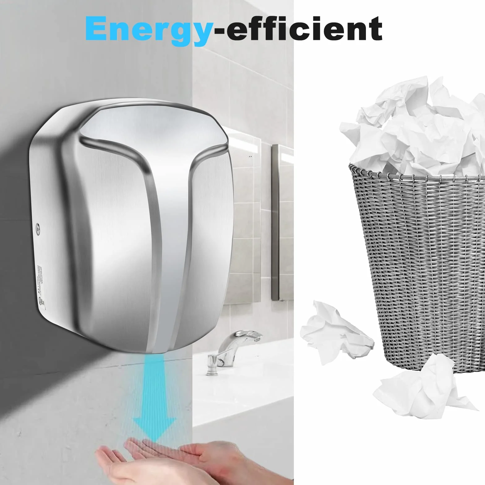 QL Secador de Manos Eléctrico Automático,Acero Inoxidable1150W,Secador de Manos Profesional con Filtro HEPA para Baño,Comercial,Plata