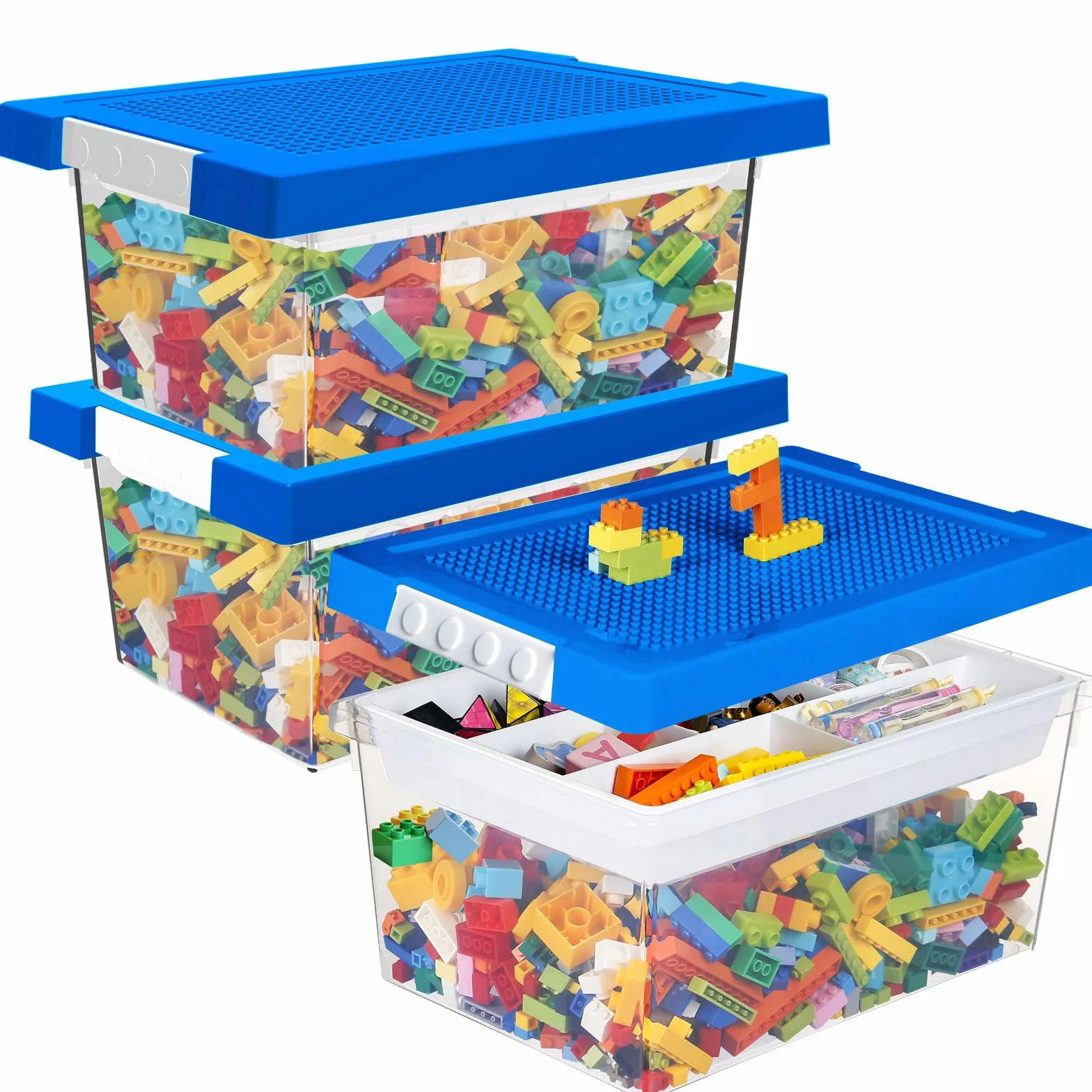 Greentainer Set de 3 Cajas de Almacenamiento de Juguetes con Tapa y Bandeja Extraíble, PP Apilable, Organizador para Bloques, Compatible con Ladrillos, para Habitación Infantil(Azul)