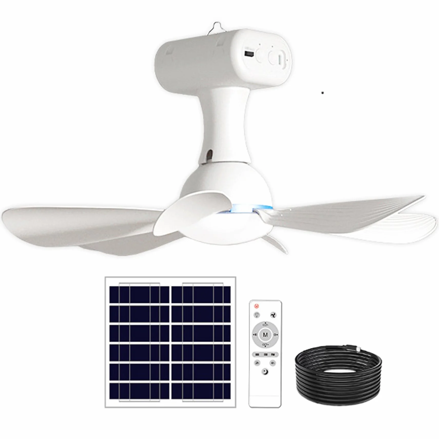 Ventilador de techo solar con control remoto, ventilador de techo portátil con batería de 6000 mAh, panel de 6 W para uso en interiores y exteriores en dormitorio, patio, camping, blanco