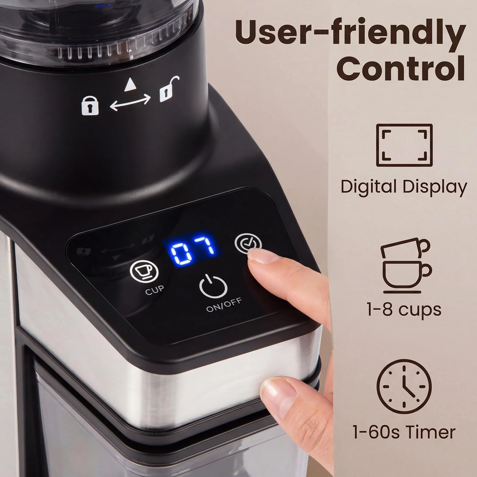 LIFEZEAL Molinillo de café eléctrico con cono, 60 niveles, 1-8 tazas, molinillo eléctrico de 150 W con tolva de 250 g, antiestático, silencioso, para expreso, goteo y prensa francesa, para casa y