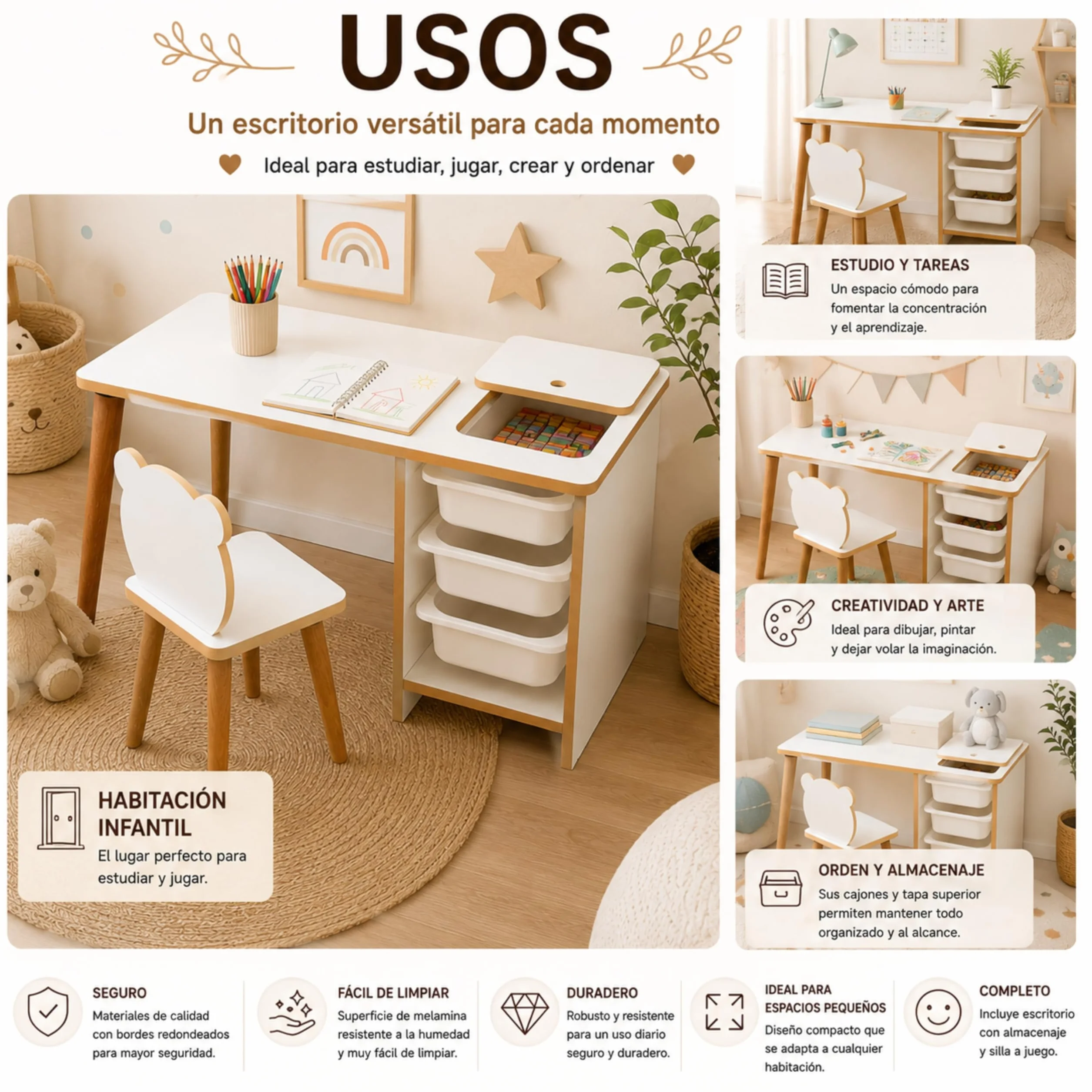 Escritorio Infantil con Silla y Cajones Pupitre Mesa de Juegos Blanco y Madera 90x42x51 cm Soho