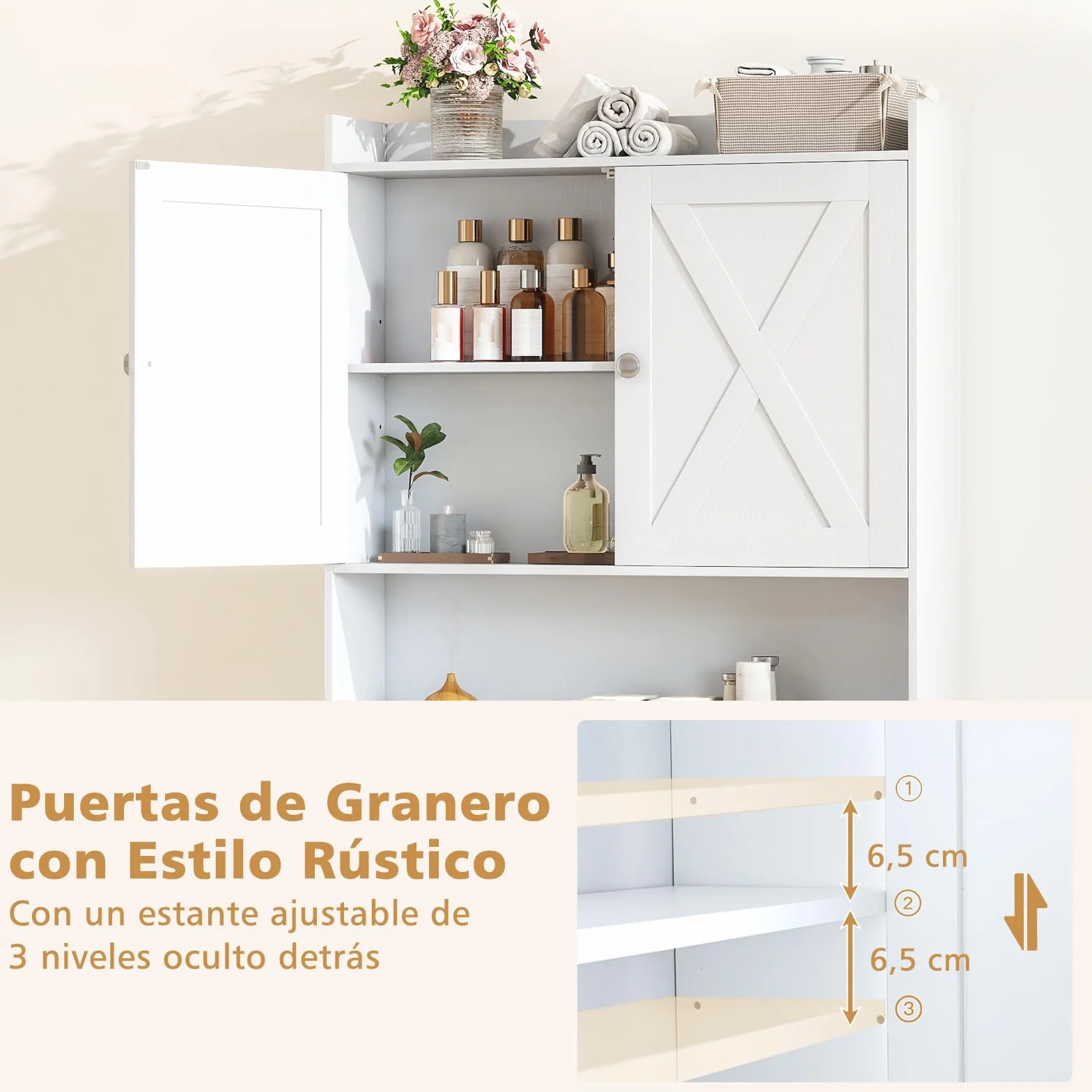 GIANTEX Mueble sobre Inodoro, Armario de Baño con Puertas, Compartimentos Abiertos y Soporte para Papel Higiénico, Estante Inferior Ajustable, 81,5x19,5x172,5cm, Organizador para Lavandería (Blanco)