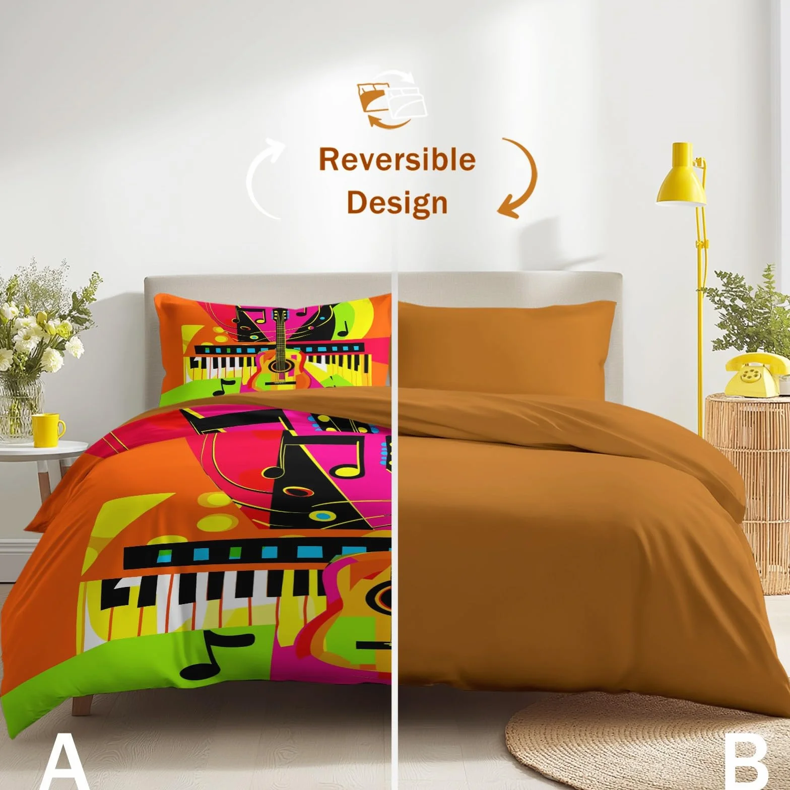 Rock Music Ropa de cama de 200 x 200 cm, 3 piezas, juego de funda nórdica – Pop Art guitarra piano partituras suave microfibra reversible ropa de cama con 2 fundas de almohada, naranja