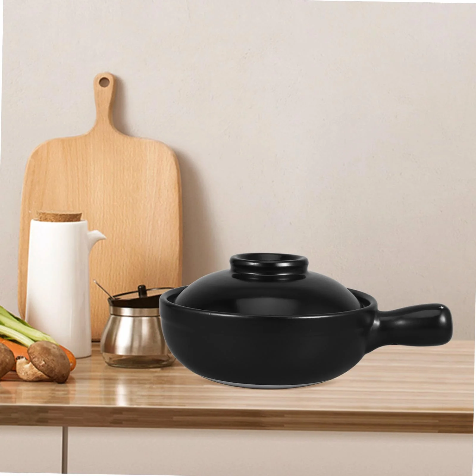 Cazuela de Barro Sola Asa 900ml con Tapa, Cerámica Negra | Recipiente Profundo para Gachas y Guisos, Uso Comercial y Microondas, Fácil de Limpiar