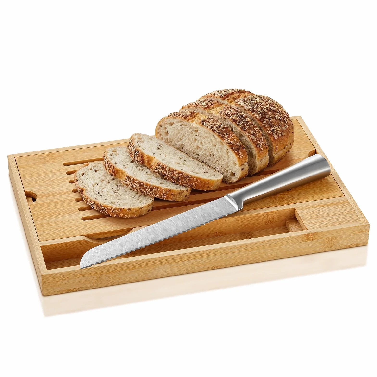 FOHERE Tabla Cortar Pan Bambú Bandeja Recogemigas, Cuchillo Pan Incluido | Bambú Ecológico, Bandeja Recogemigas Extraíble, 2-En-1 Corte/Servicio, Adecuado Para Baguette/Croissant, 38 X 24,8 X 3 cm