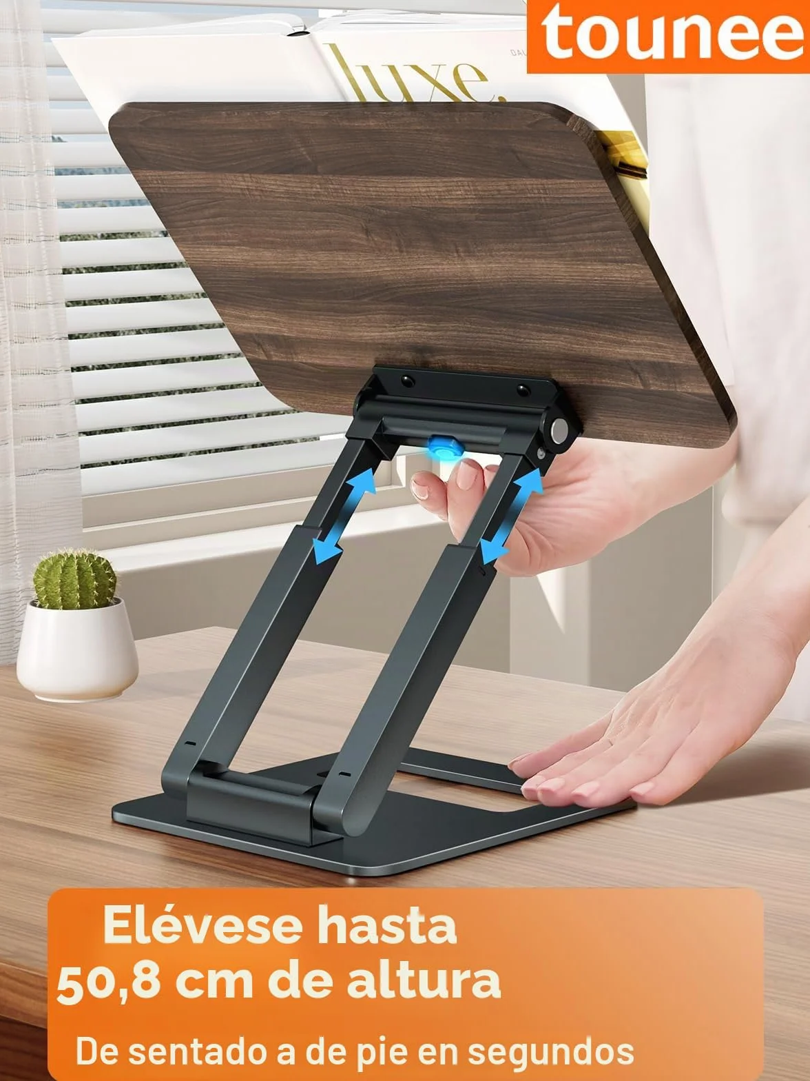Tounee Atril telescópico para libros de cocina, altura ajustable, diseño extensible, ergonómico con pinzas laterales elásticas, apto para todos los libros (gris)