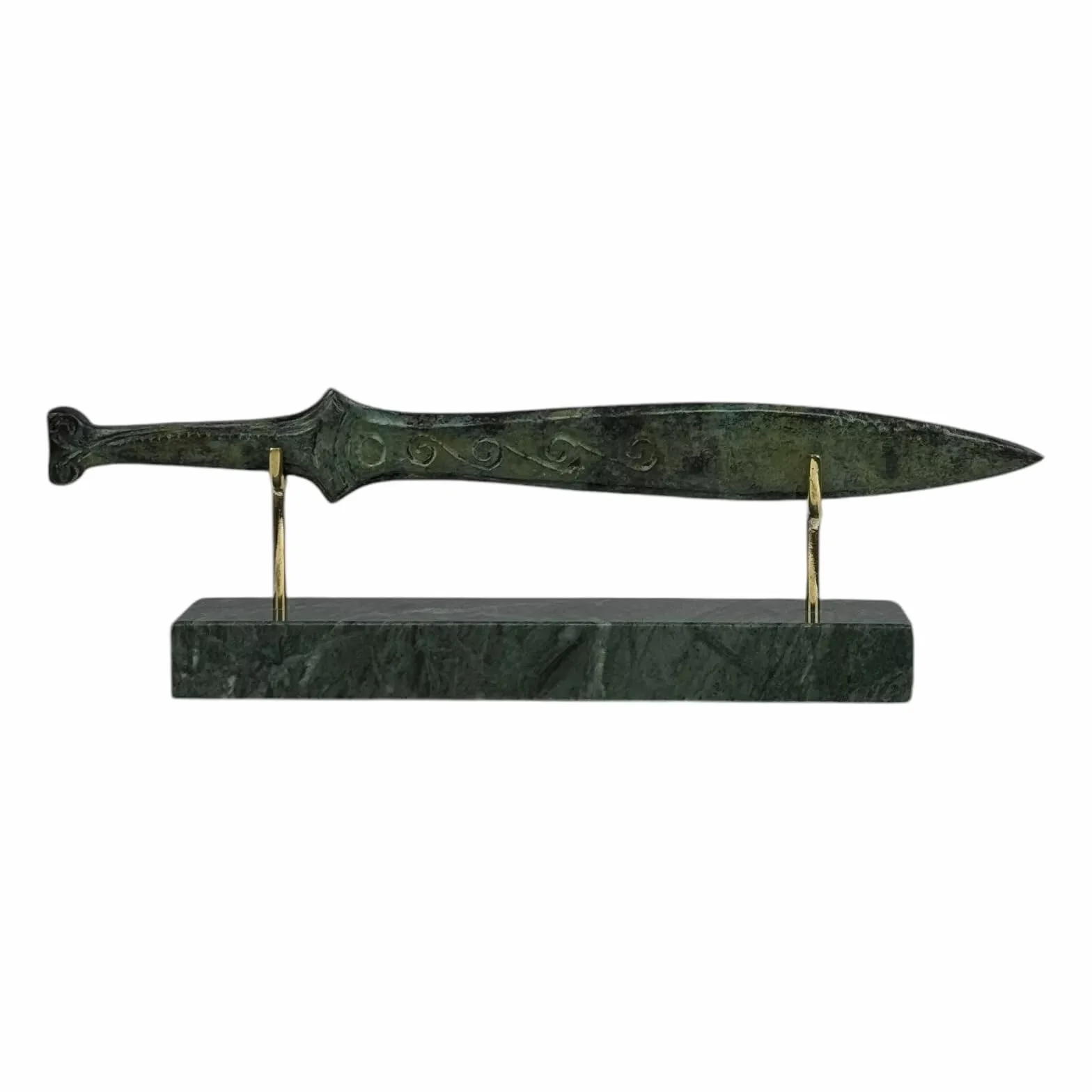Pequeña espada espartana antigua griega de bronce de metal en oxidación verde