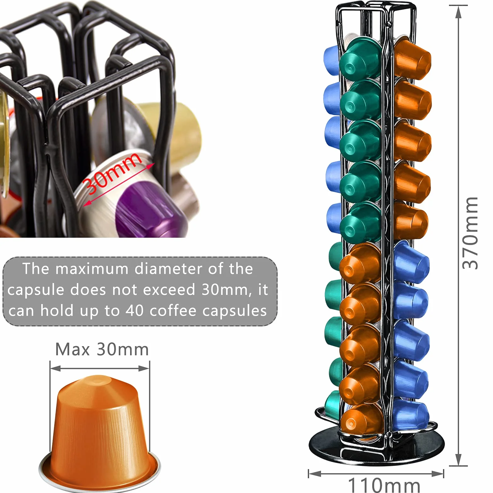 Soportes para Cápsulas de Café 360° Giratorio de Metal, para 40 Cápsulas, Negro