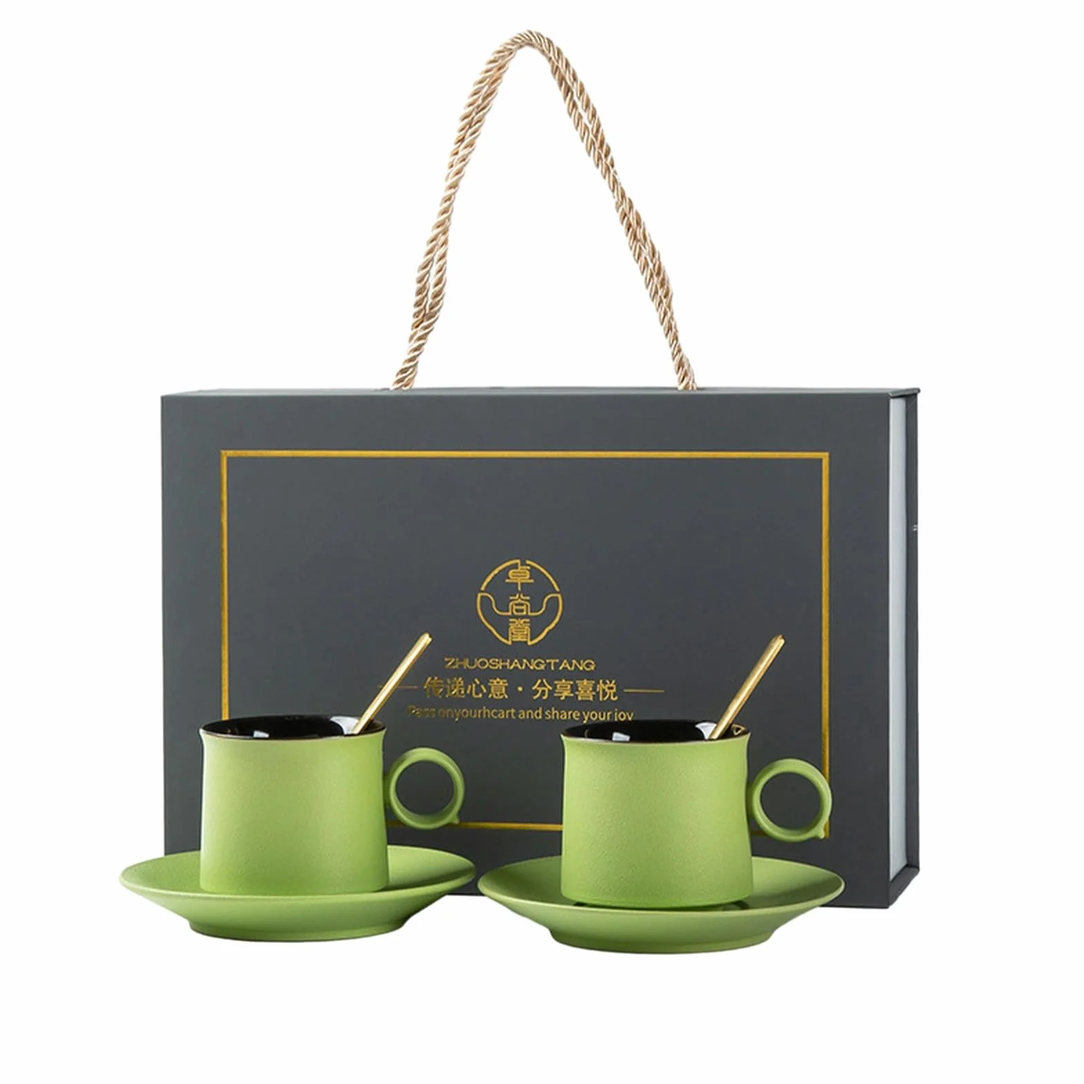 CAPIJIONG Juego de taza de café y plato de cerámica para pareja con cuchara, taza de agua de marca de té de la tarde, caja de regalo premium, (verde) versión corta -130ml/4.5oz