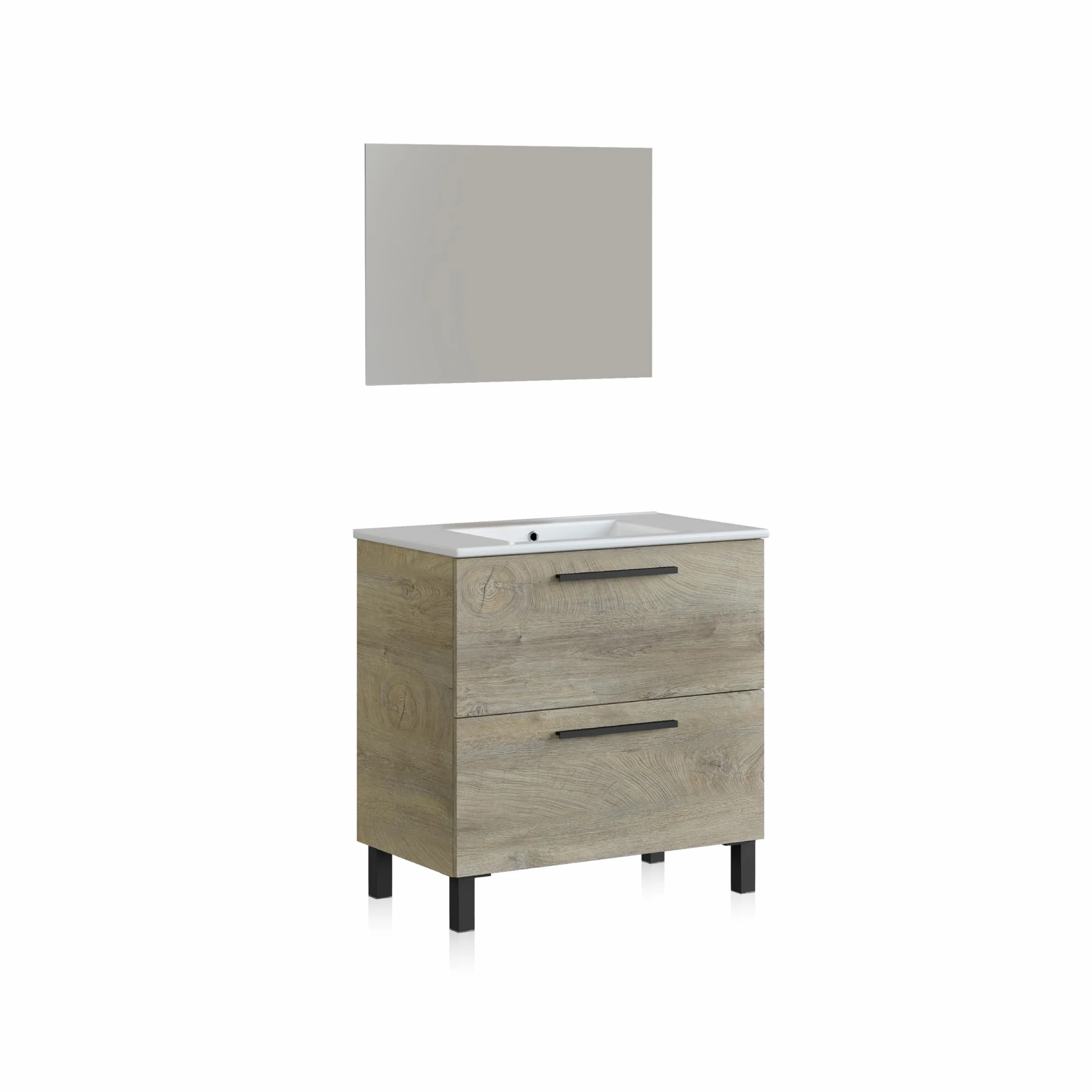 Mueble de Baño Sense 80 cm Roble Alaska con 2 Cajones y Espejo