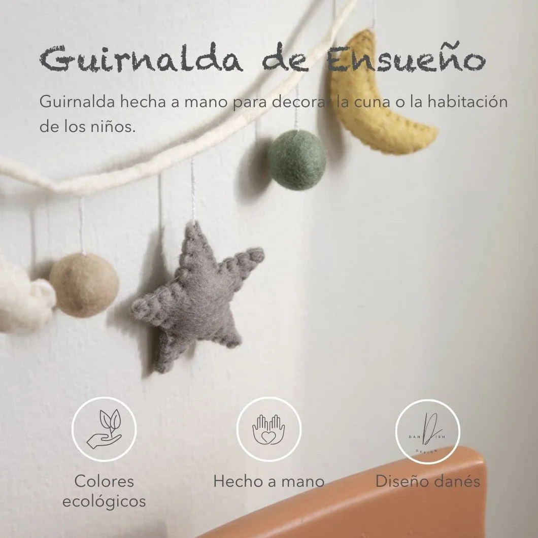 Én Gry & Sif Guirnalda de luna y estrellas de fieltro 190 cm decoración pared habitación infantil