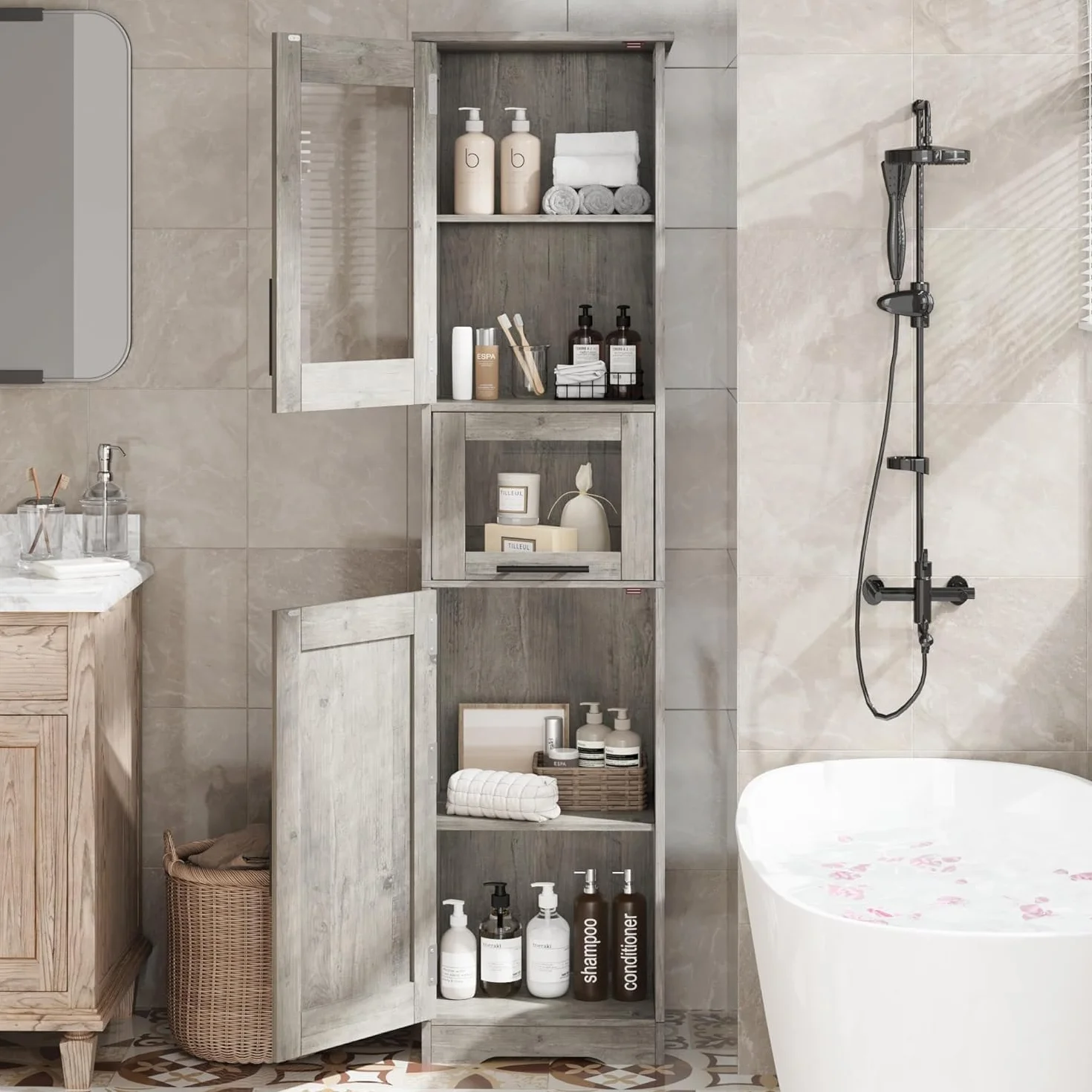 Armario Baño Alto Estrecho 40×31×170 cm Gris Mueble con Puertas y Estante Ajustable