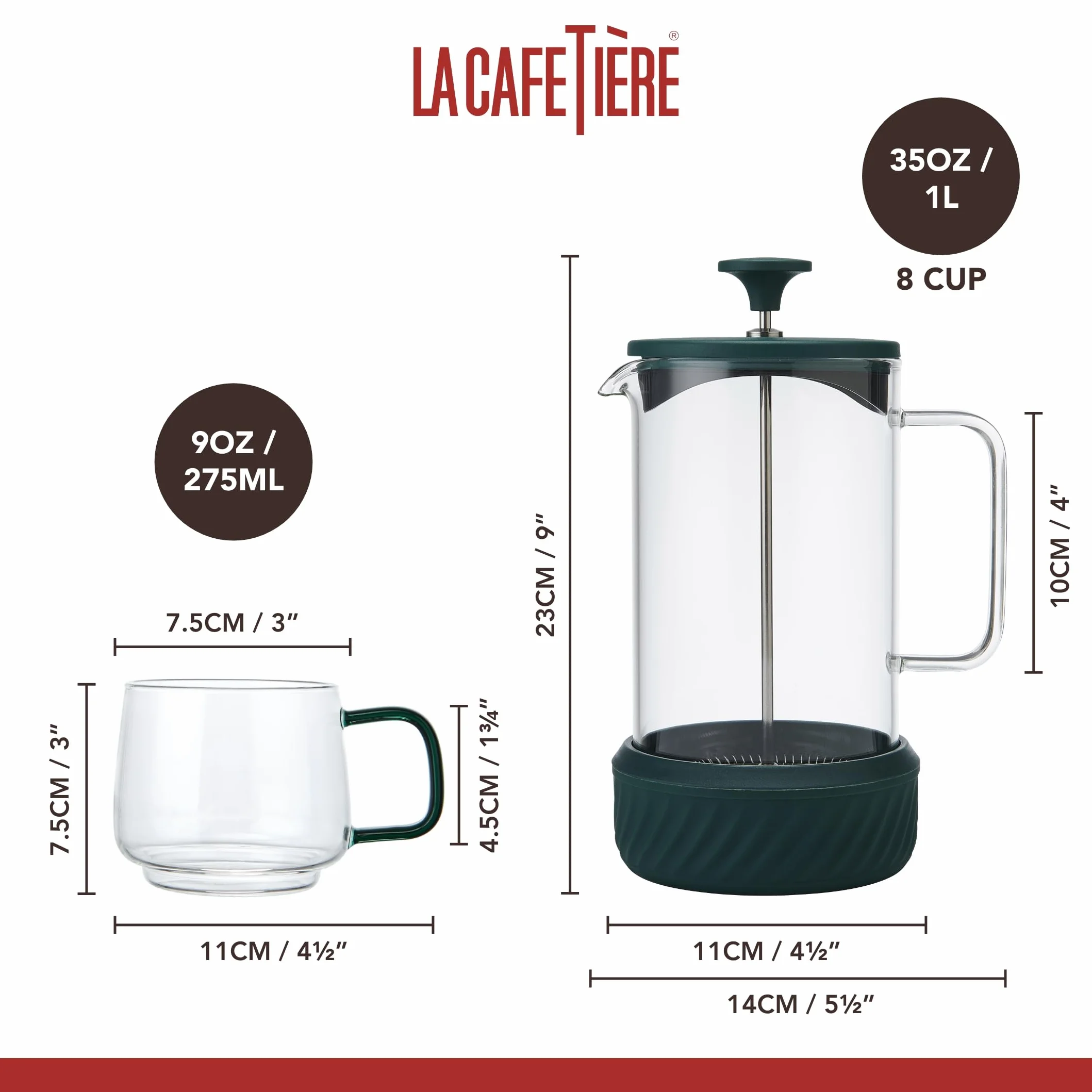 La Cafetière - Cafetera Zero con capacidad para 8 tazas y juego de tazas, prensa francesa resistente al calor, mango de vidrio y base de silicona extraíble, fácil de limpiar, color verde