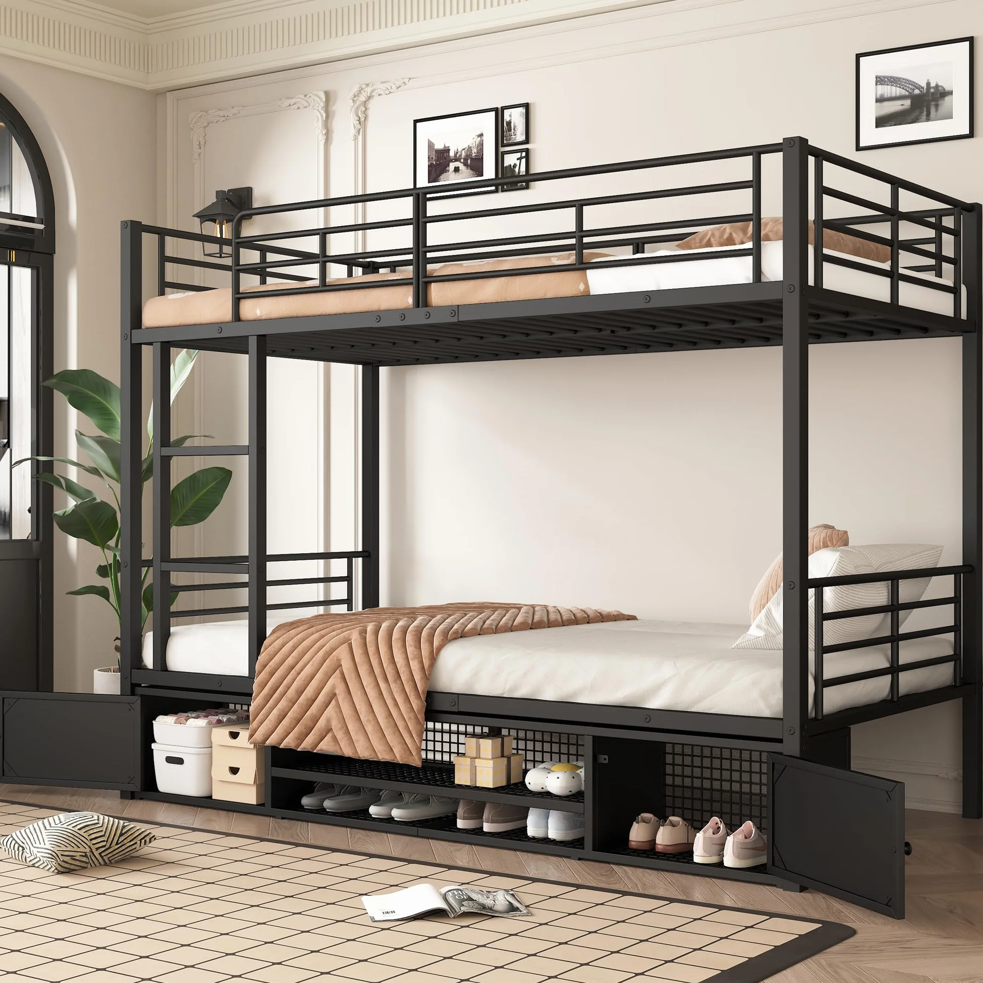 Cama litera de hierro, adecuada para niños y adolescentes, con escalera lateral y rejilla de protección, color negro, 90 x 200 cm