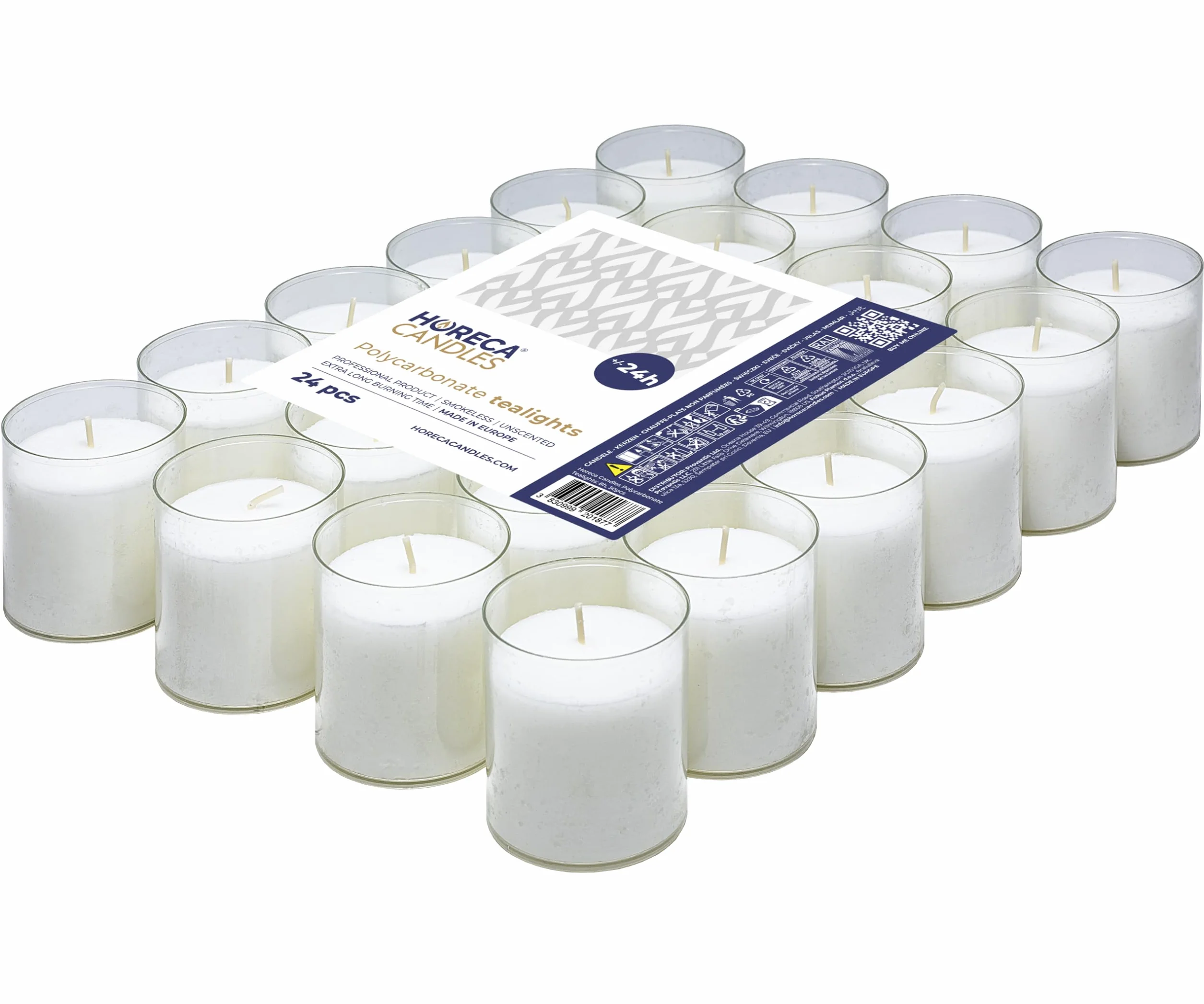 Horeca Candles Velas de té blancas 24 horas Juego 24 velas sin perfume Vaso plástico transparente