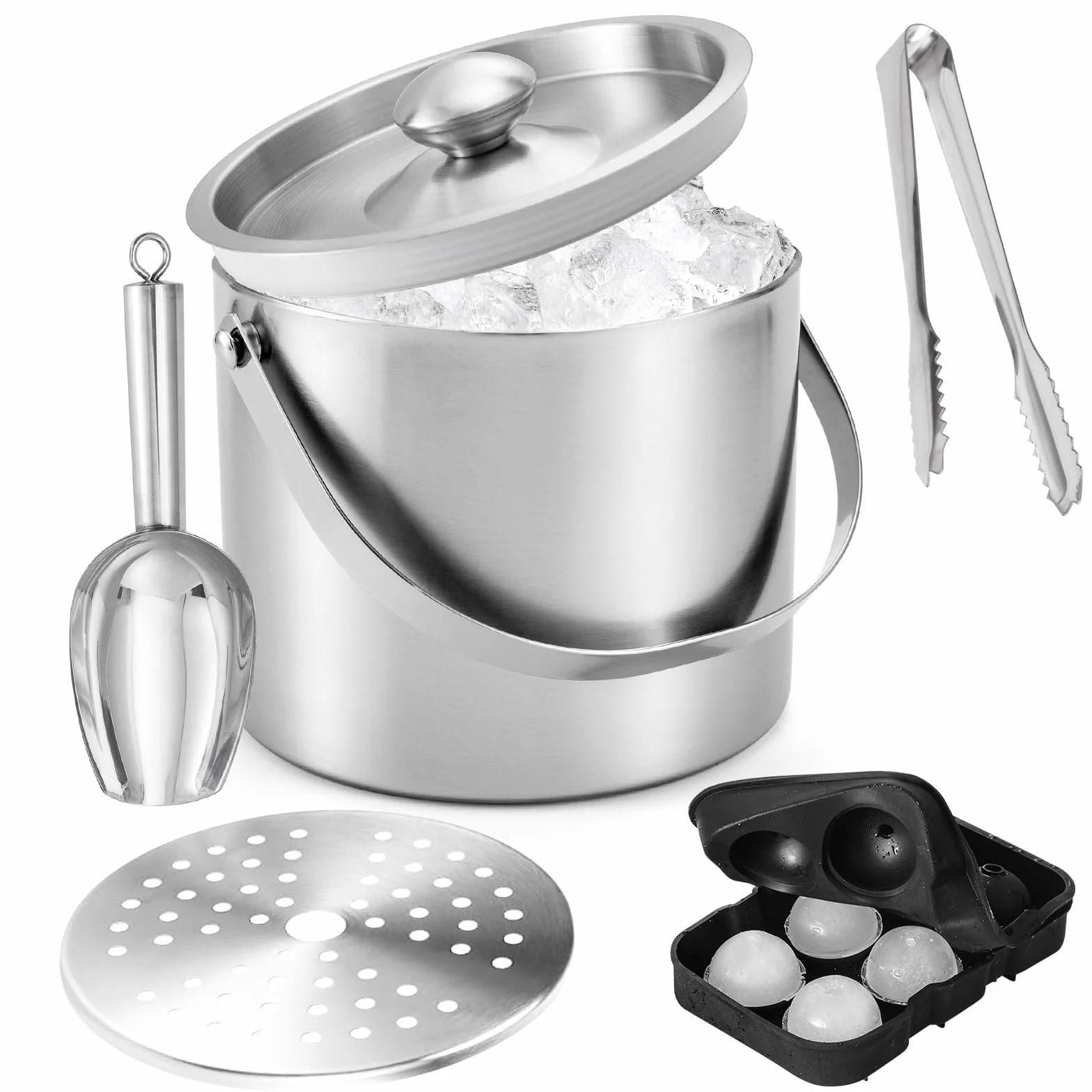 Cubitera de 4L con Tapa, Set de Cubo de Hielo de Acero Inoxidable de Doble Pared con Colador, Pinzas para Hielo, Pala para Hielo, Molde de Cubitos de Silicona, Enfriador de Champán y Vino para Cerveza