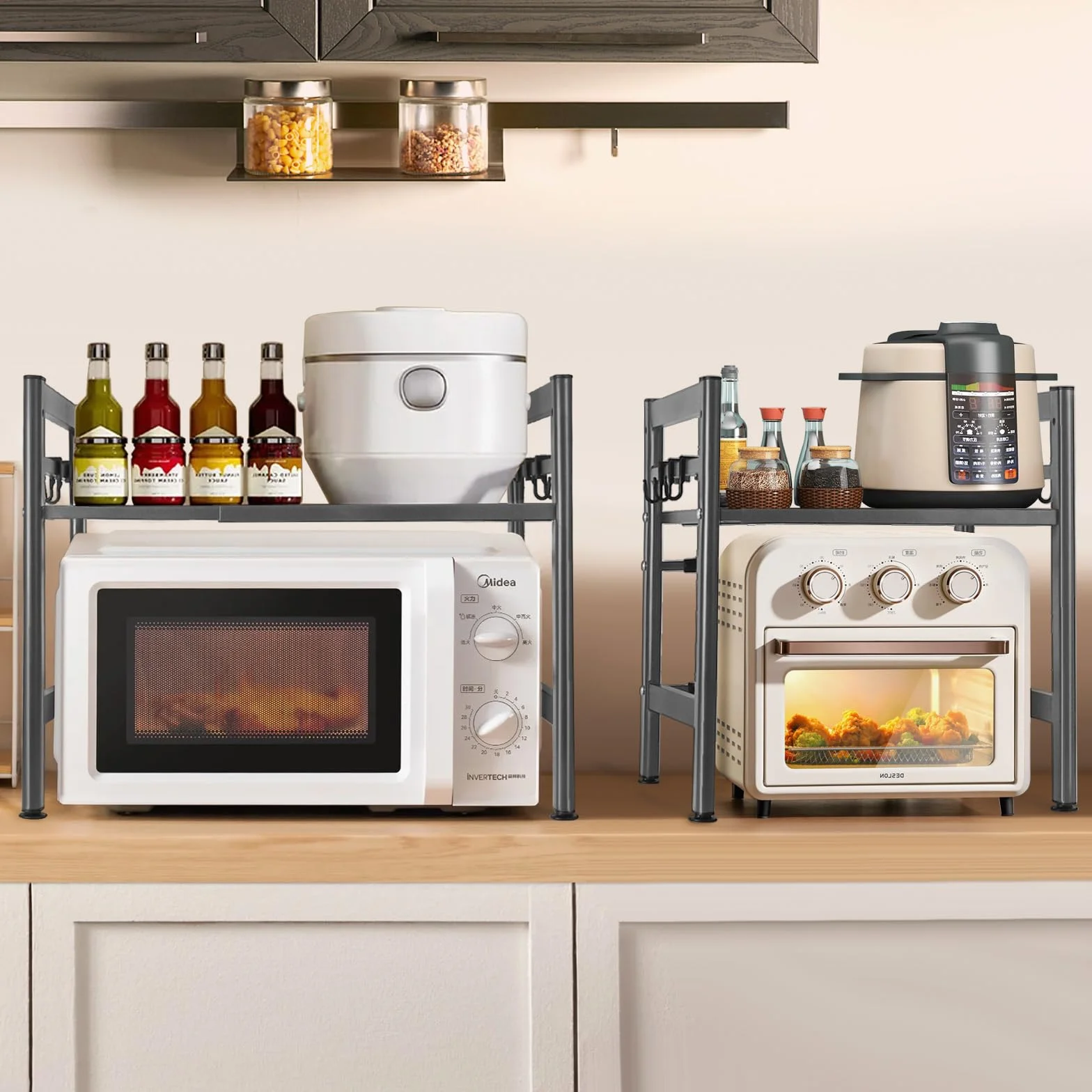 Estantería Extensible para microondas, estantería de Cocina, de pie, para microondas, de pie, Organizador de Cocina, con 6 Ganchos, Organizador para encimeras de Cocina (Gris, un-Nivel)