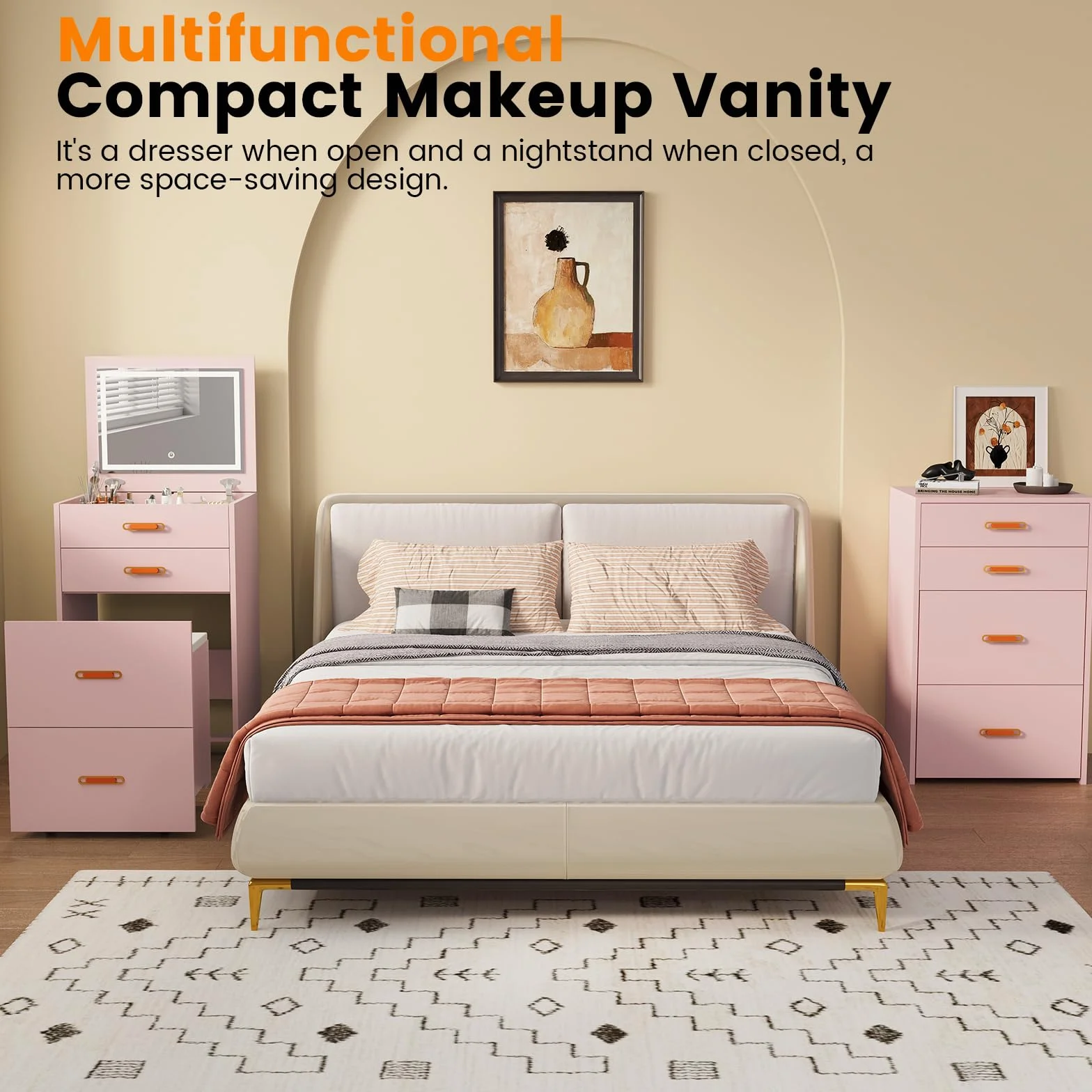 Garvee Tocador Moderno 3 en 1 para Dormitorio con 3 Cajones, Mesa de Maquillaje Multifuncional