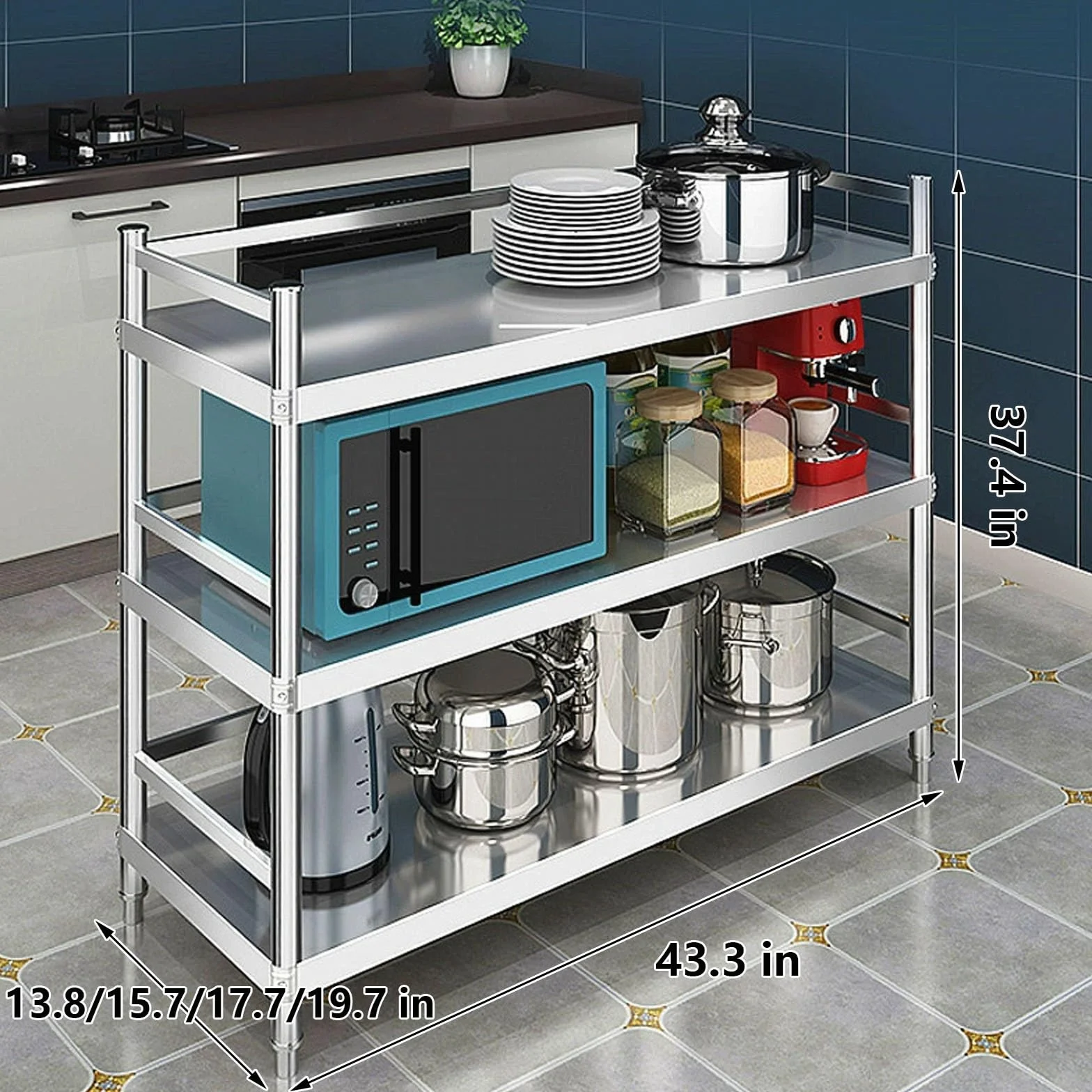 EstanteríA de Cocina EstanteríA para Microondas Muebles Auxiliar de Cocina de Niveles Estante Abierto de Pie con Valla y Almohadilla para Pies Ajustable Acero Inoxidable Plata(110 * 35 * 95)