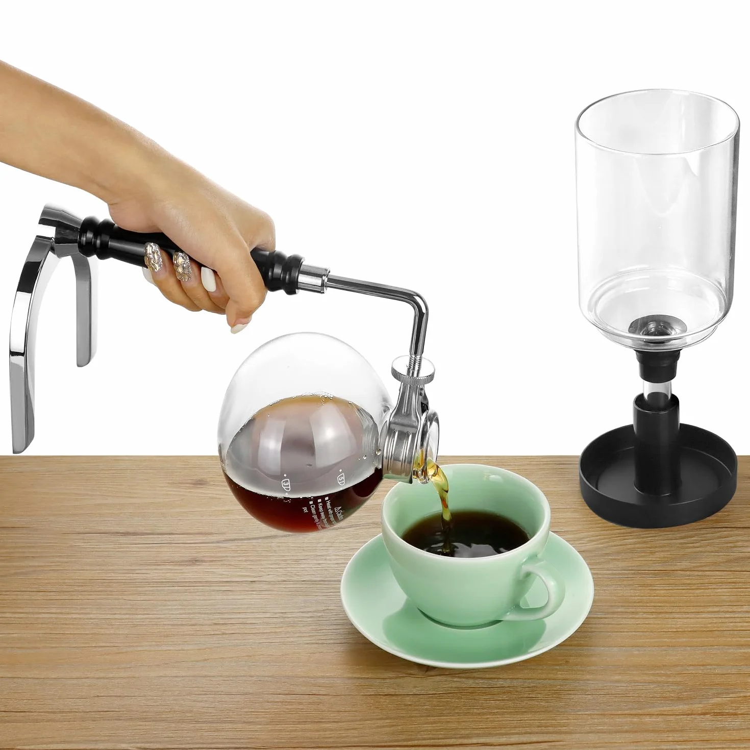 QWORK Cafetera de sifón de 5 tazas (600 ml) – Cafetera de sifón de vidrio de borosilicato con abrazadera de amortiguación ajustable, resistencia a altas temperaturas, sifón de vidrio de mesa para café