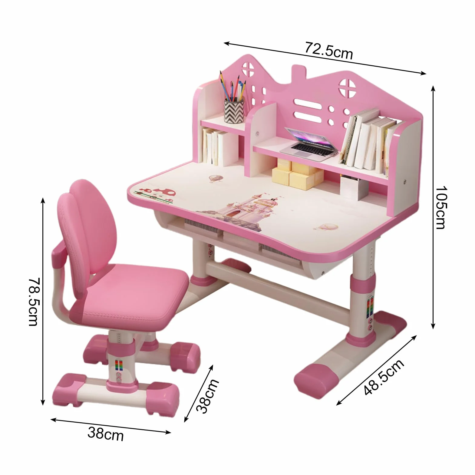 Escritorio de Estudio para Niños y Niñas con Silla Rosa Ajustable y Almacenamiento
