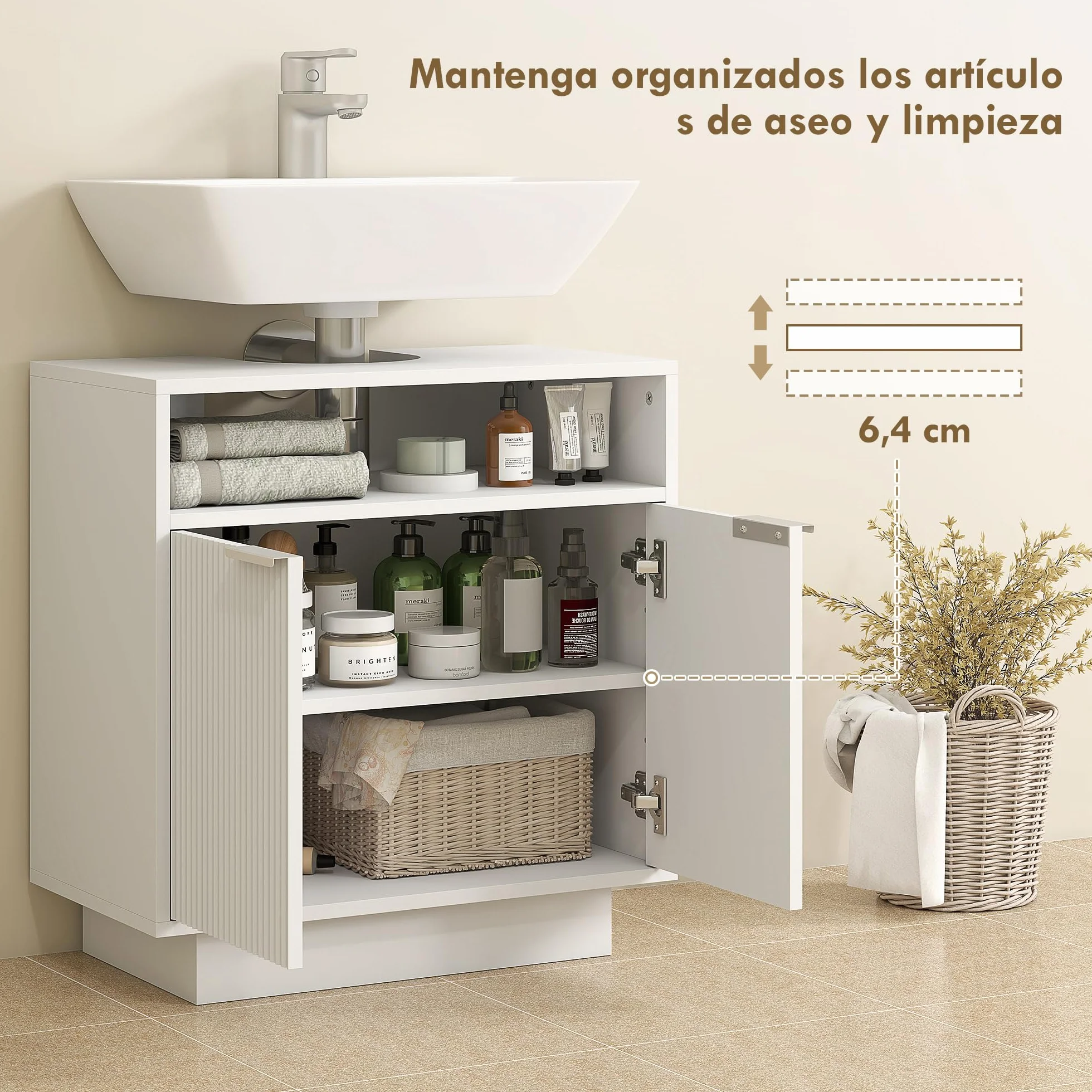 HOMCOM Mueble bajo Lavabo con 2 Puertas Acanaladas 60x33x63 cm Blanco | Mueble de Baño, Compartimento Abierto, Armario de Baño para Lavabo sin Pedestal, Estilo Moderno
