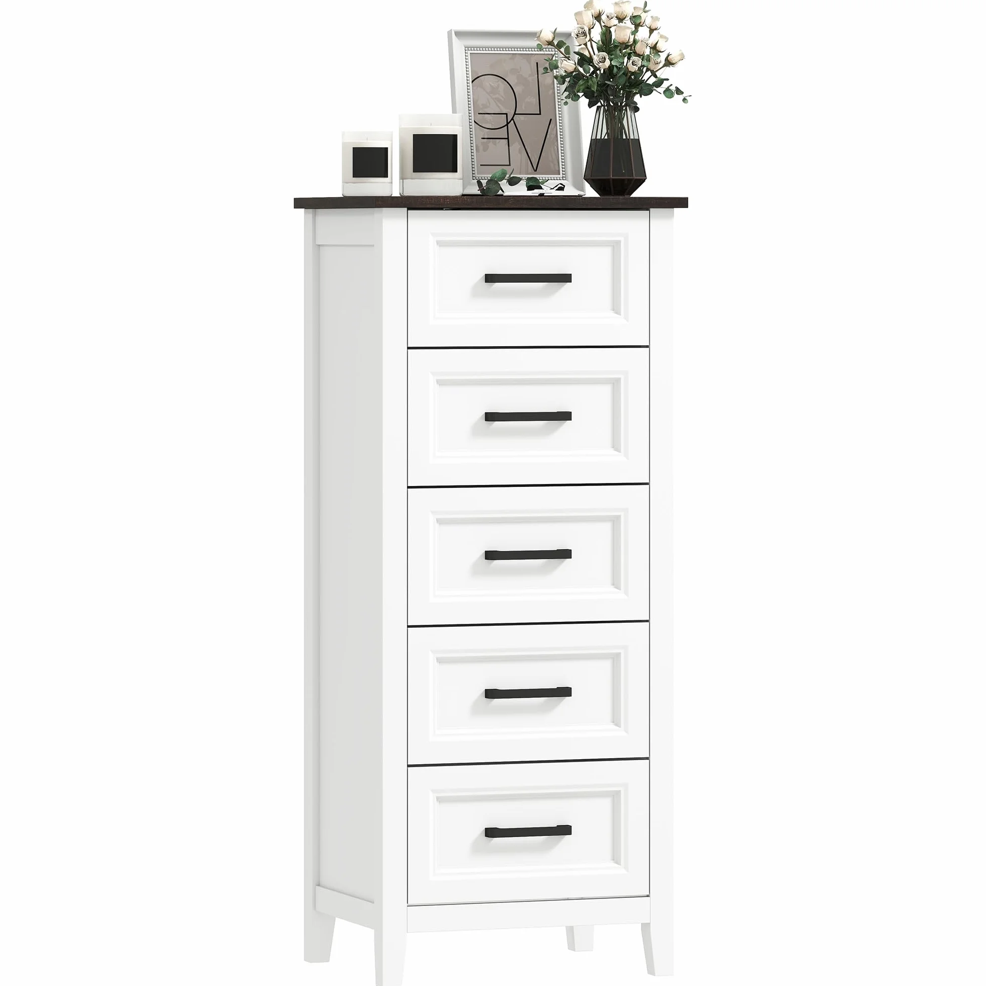 HOMCOM Cómoda 5 Cajones, Cómoda Dormitorio Estrecho y Alto con Encimera Efecto Madera, Cajonera para Espacios Pequeños, Salón, Oficina, 45x35x106 cm, Blanco