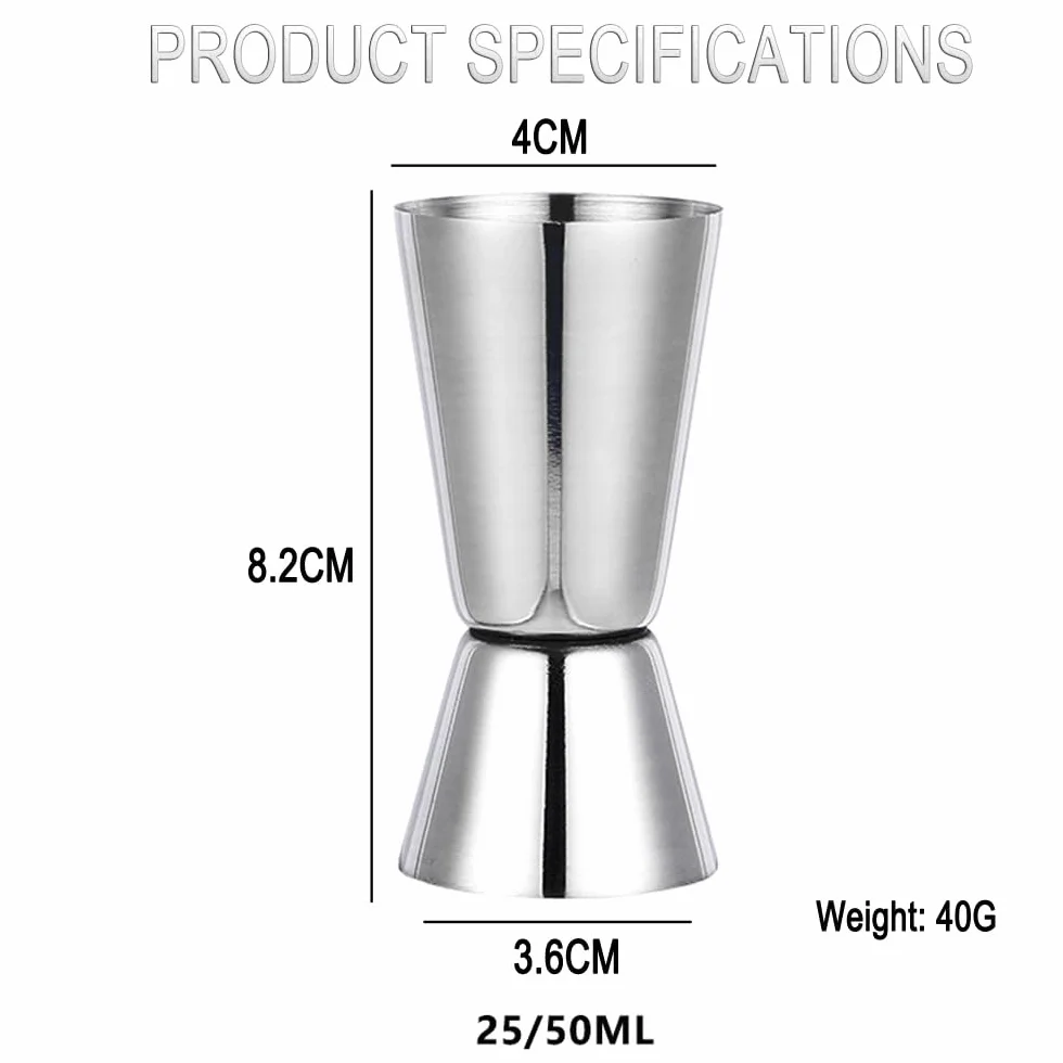 Jigger de Cóctel 25/50 ml Vaso Medidor Doble Cara Acero Inoxidable 304 para Bebidas