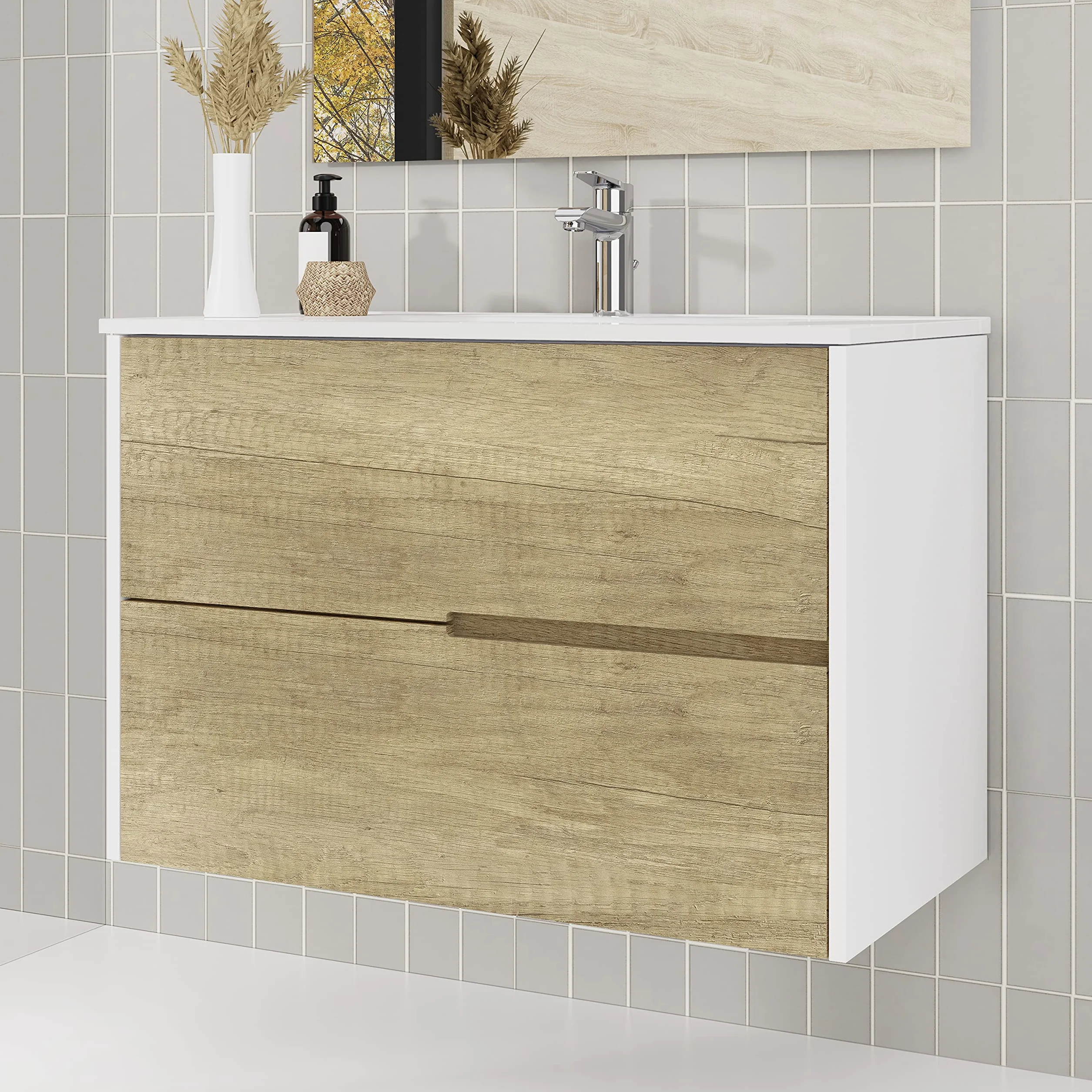 Baikal Mueble de baño Gavin suspendido 2 cajones con lavabo cerámico y espejo 80 cm Nature