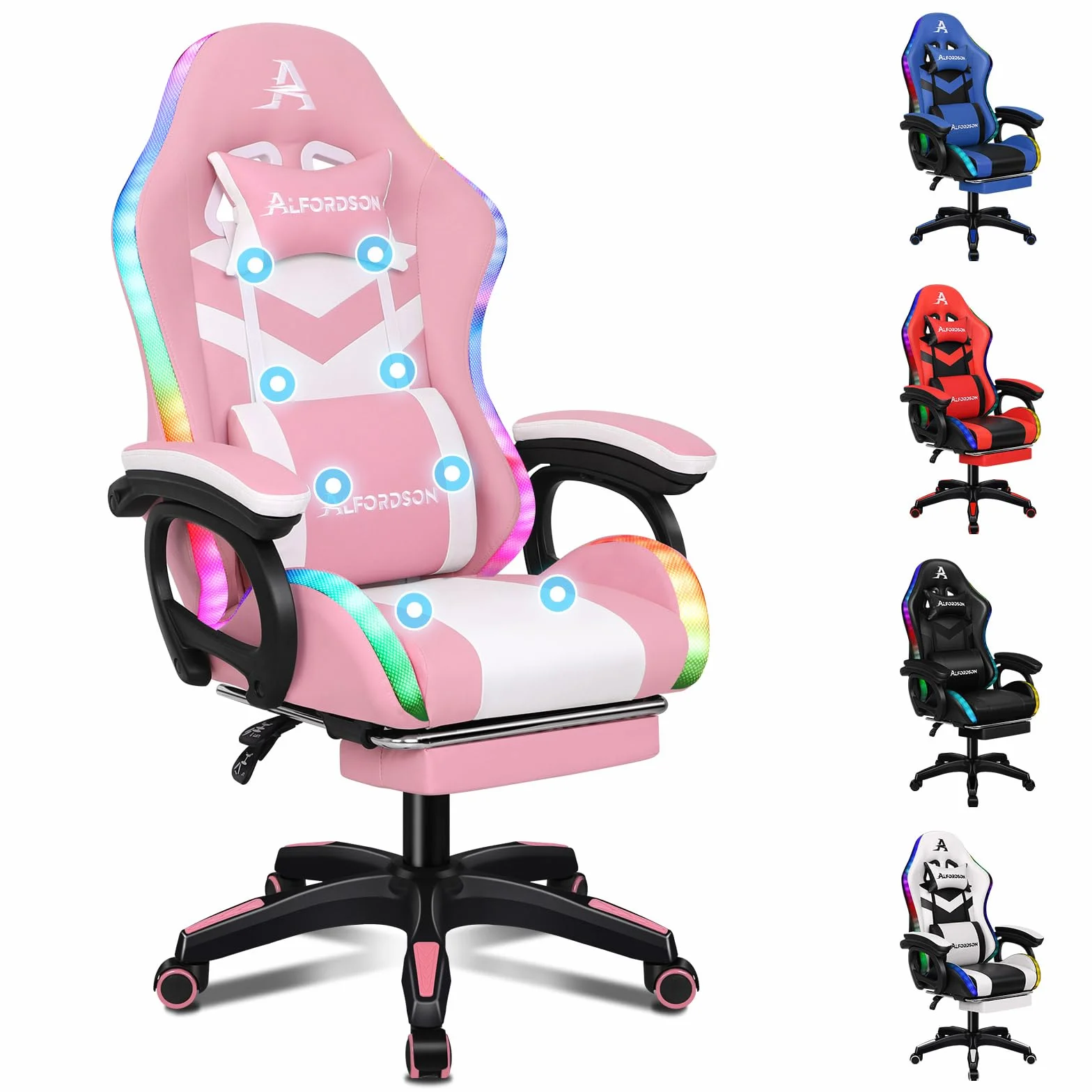 ALFORDSON Silla Gaming con Masaje y LED, Silla Gamer Ergonómica con Cojín Lumbar y Cervical, Reposapiés Telescópico, Iluminación para Ordenador, Videojuego, Juegos, Oficina, Cuero PU(Rosa)