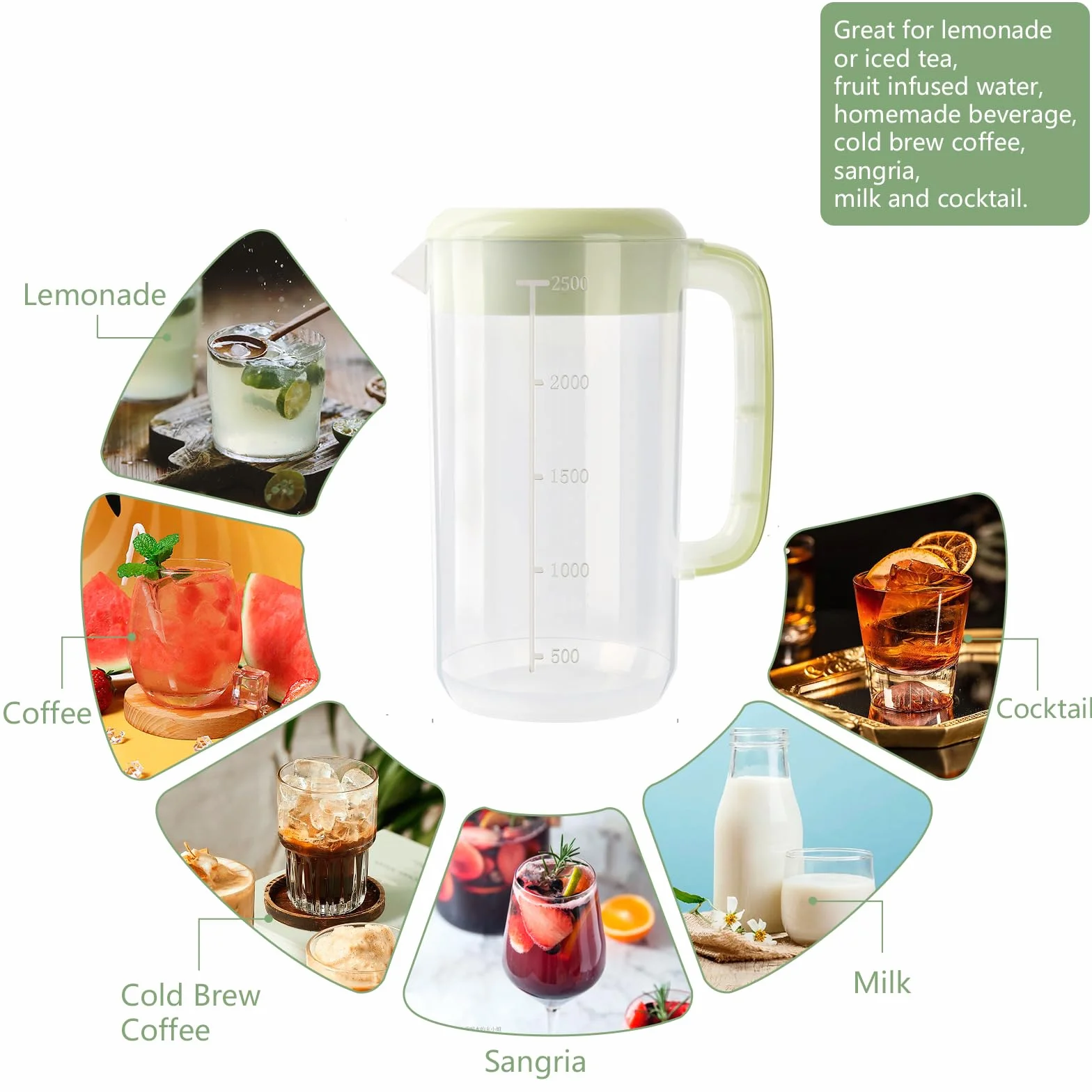 Jarra de plástico transparente de 2,5 litros con tapa, paquete de 2 jarras de agua transparente para bebidas frías, jarra de té helado para limonada, té helado, leche, jugo, bebidas