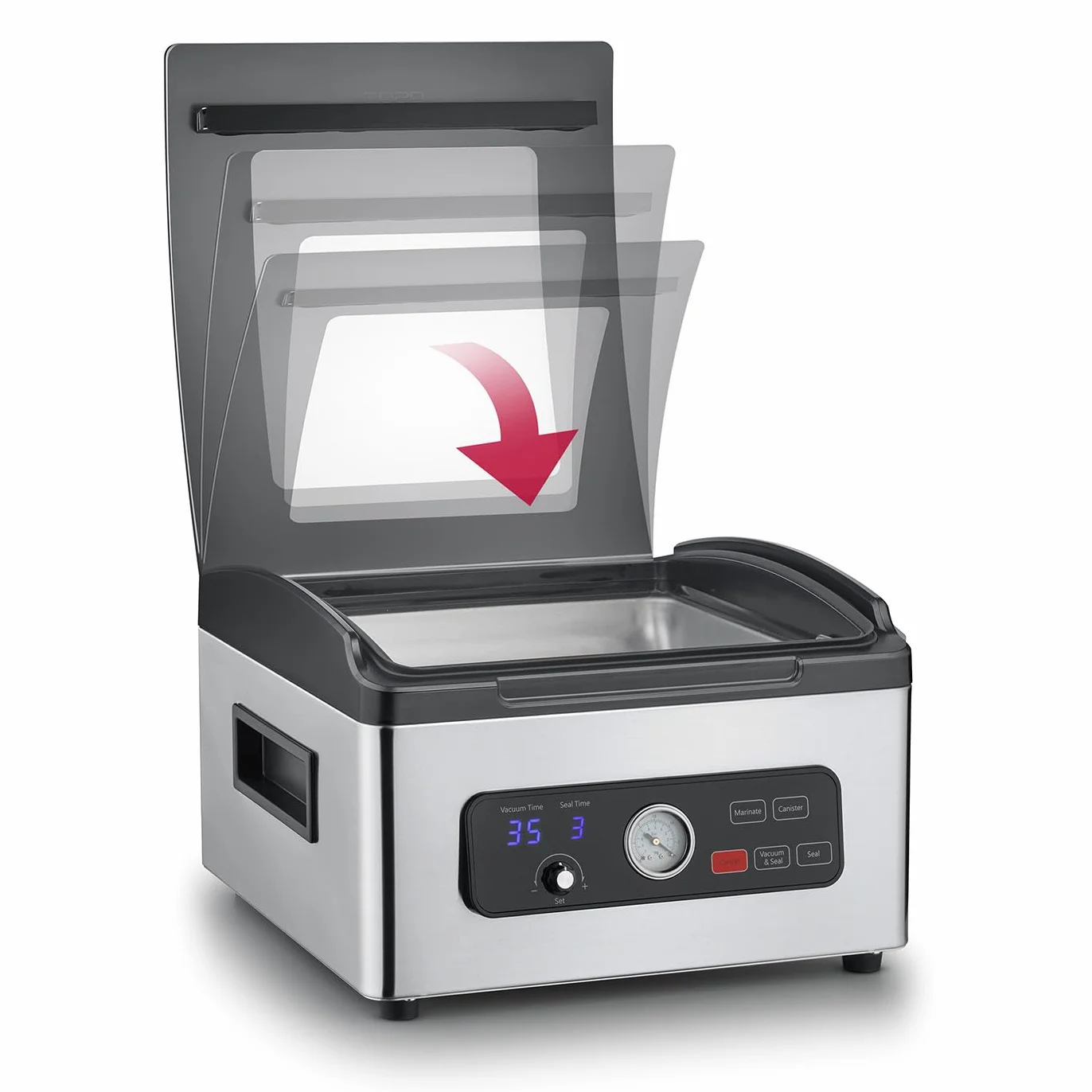 CASO VacuChef 700 - Sellador al vacío de cámara de acero inoxidable de 8 litros, fuerte bomba de vacío profesional de 70 litros/minuto, tapa de vidrio templado, para alimentos